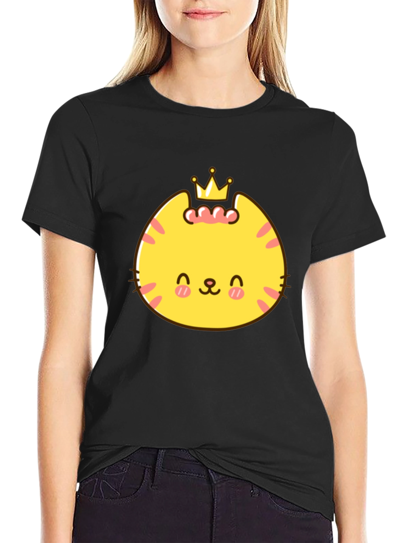 Black Cute Cartoon Crown Cat Graphic Tee - Black view 2