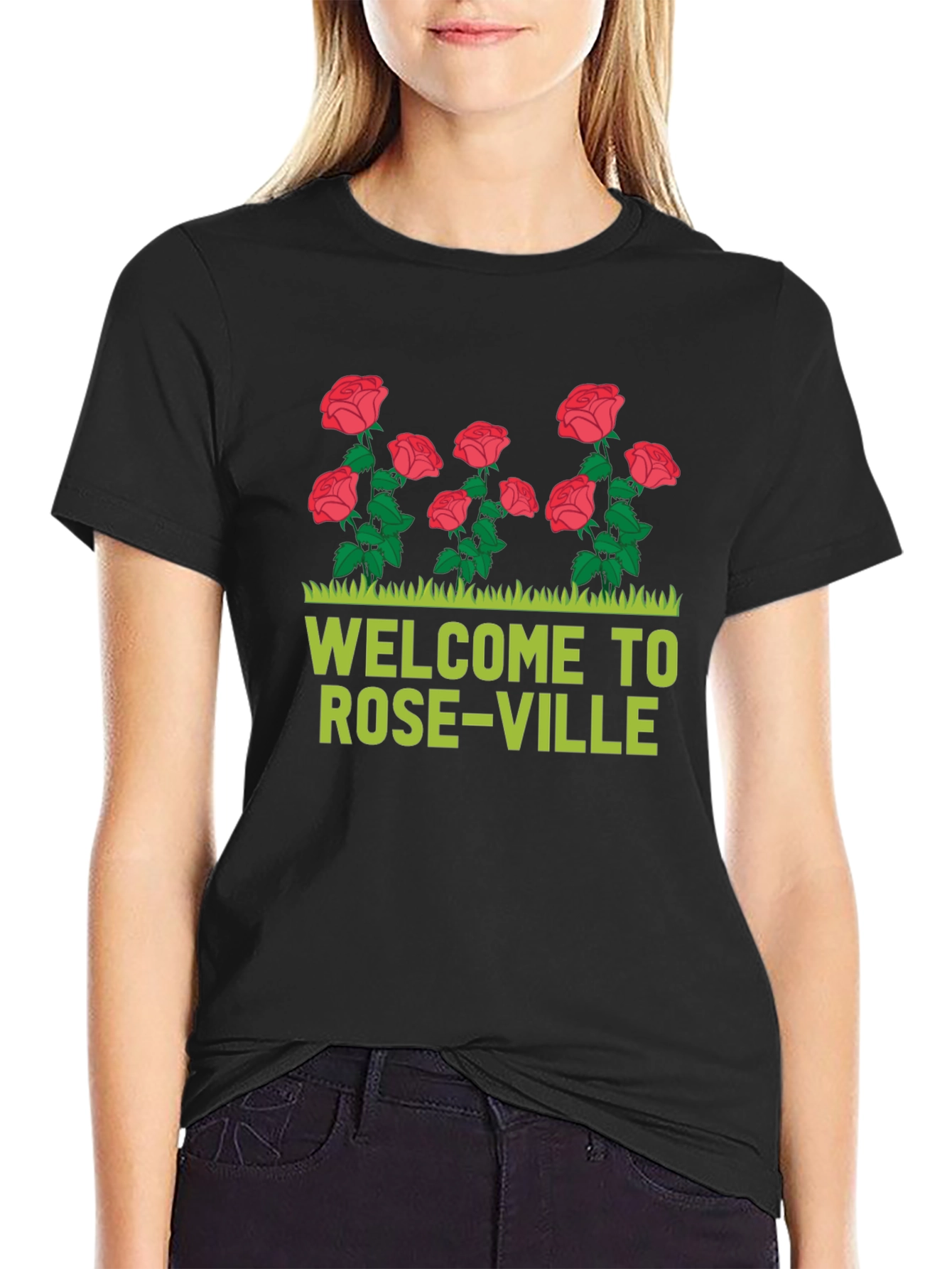 Black Welcome to Roseville T-Shirt - Floral Design view 2
