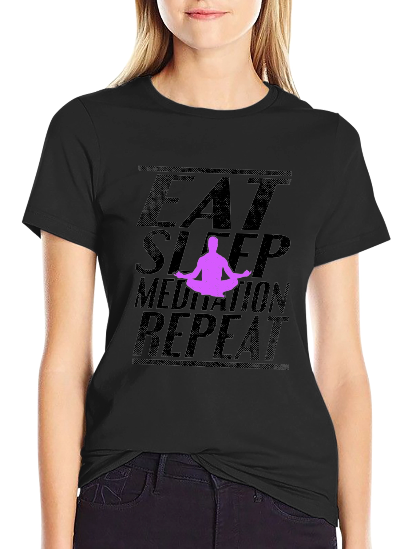 Black Eat Sleep Meditation Repeat Black T-Shirt view 2