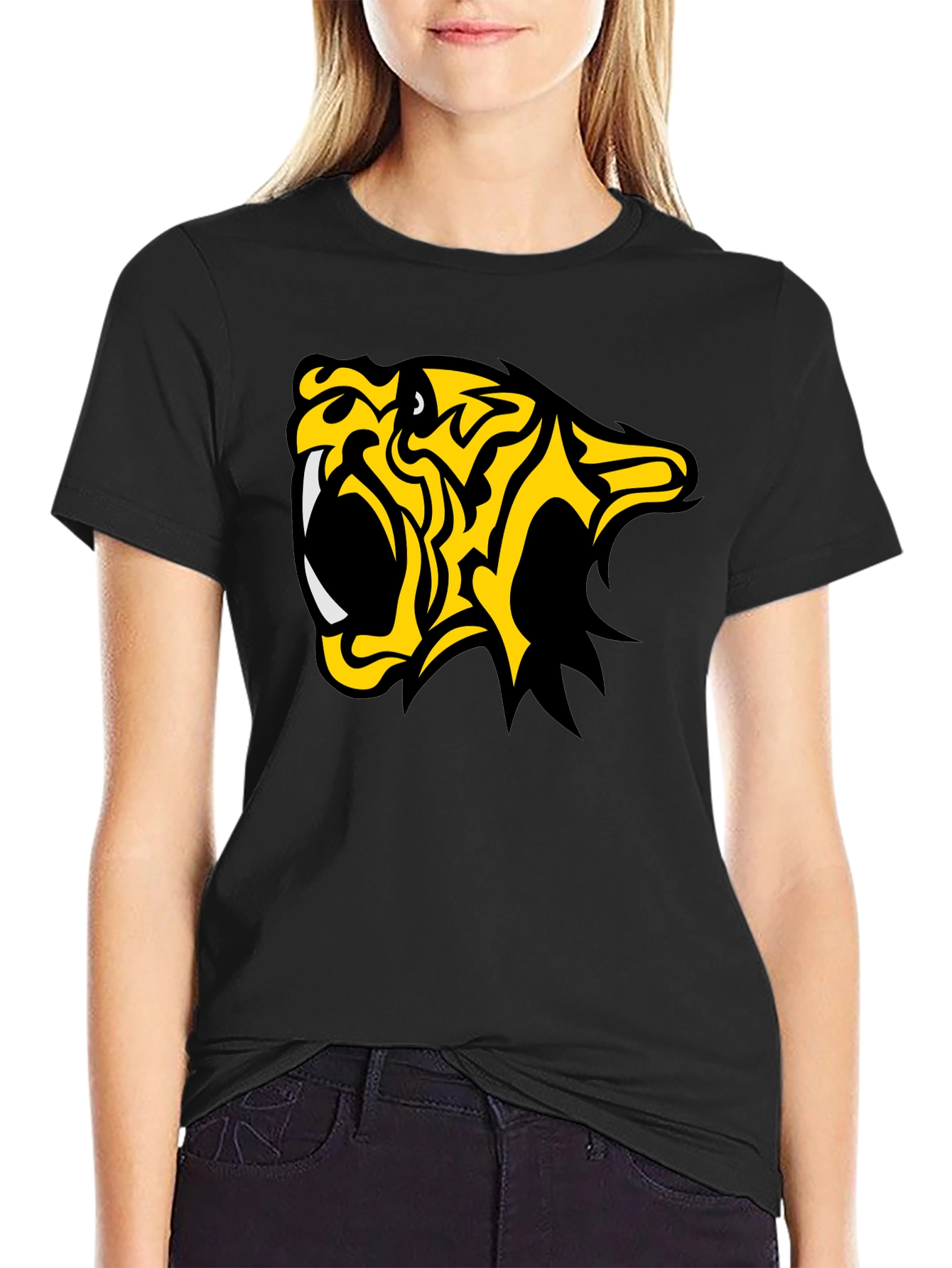 Black  Fierce Tiger Graphic Tee - Bold Black Cotton T-Shirt view 2