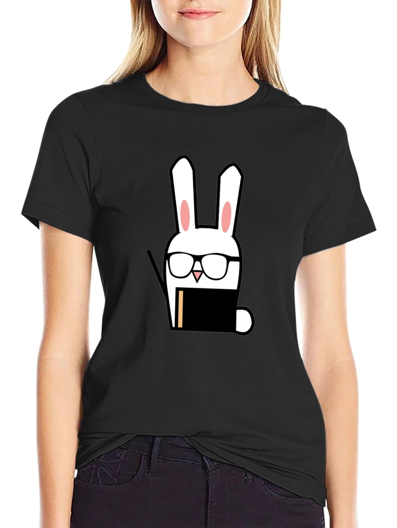 Black Nerdy Rabbit Graphic Tee - Black Cotton T-Shirt view 2