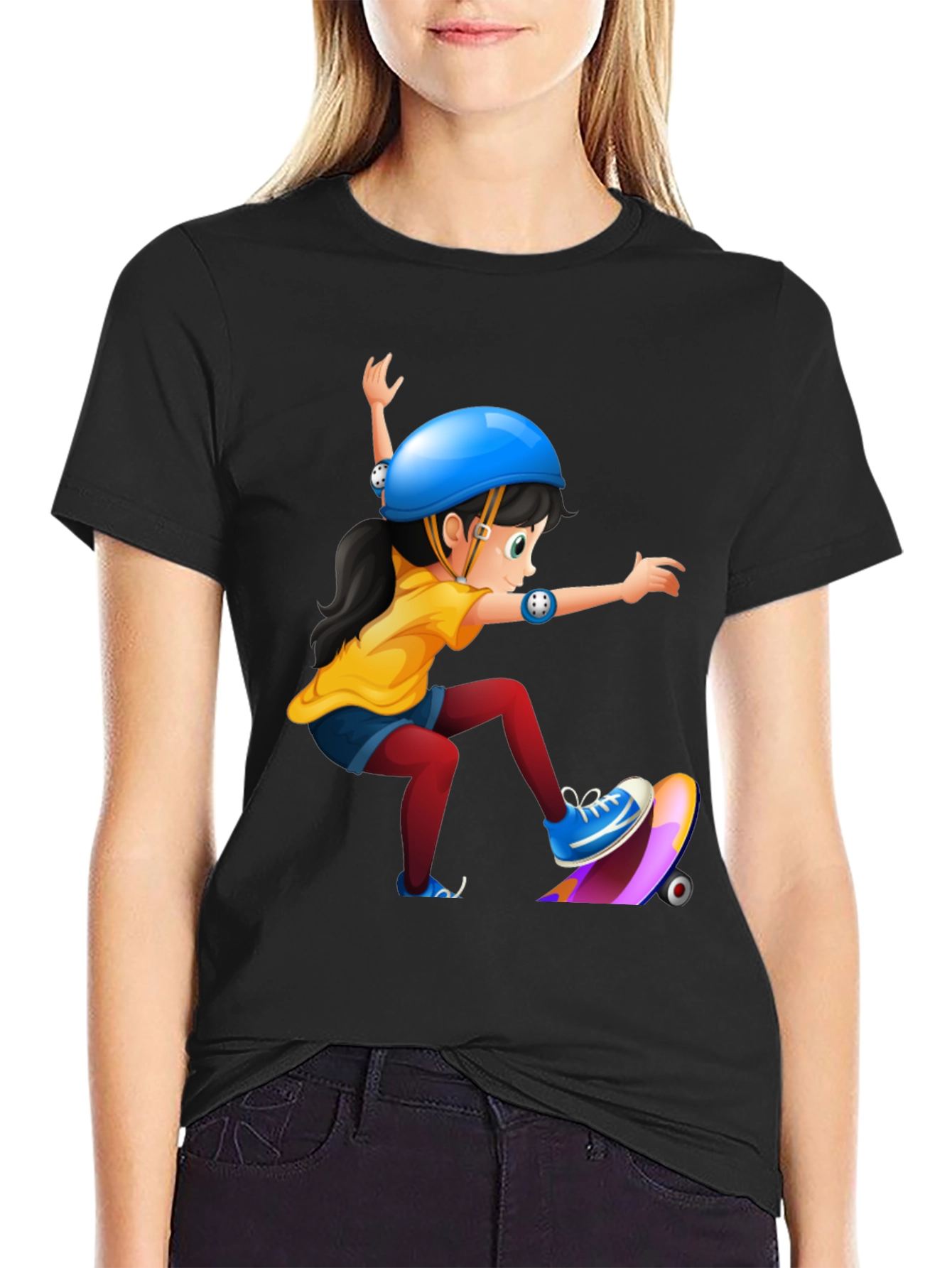 Black Skater Girl Graphic Tee - Black Cotton T-Shirt view 2
