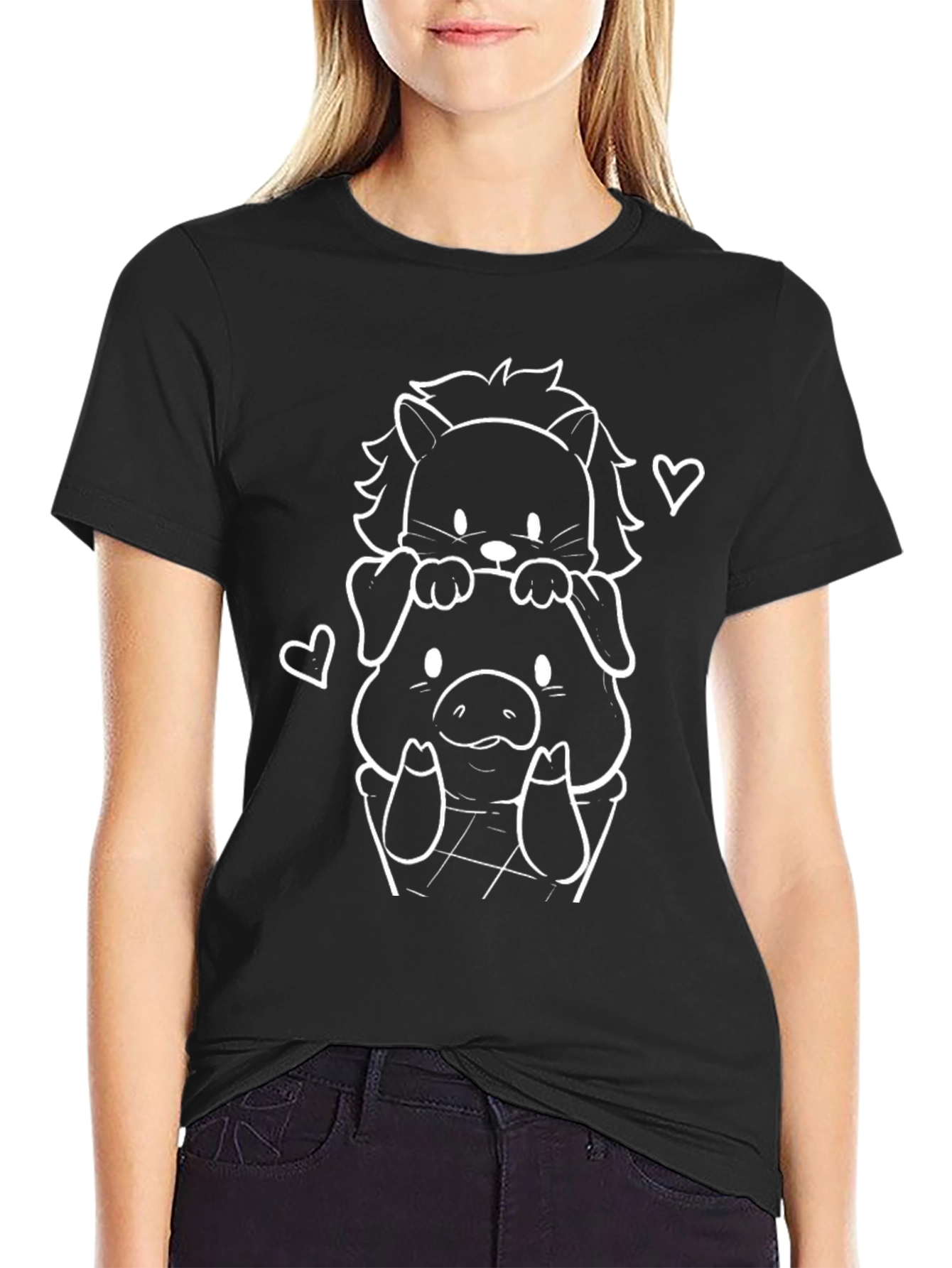 Black Cute Cartoon Animal Stack Black T-Shirt view 2
