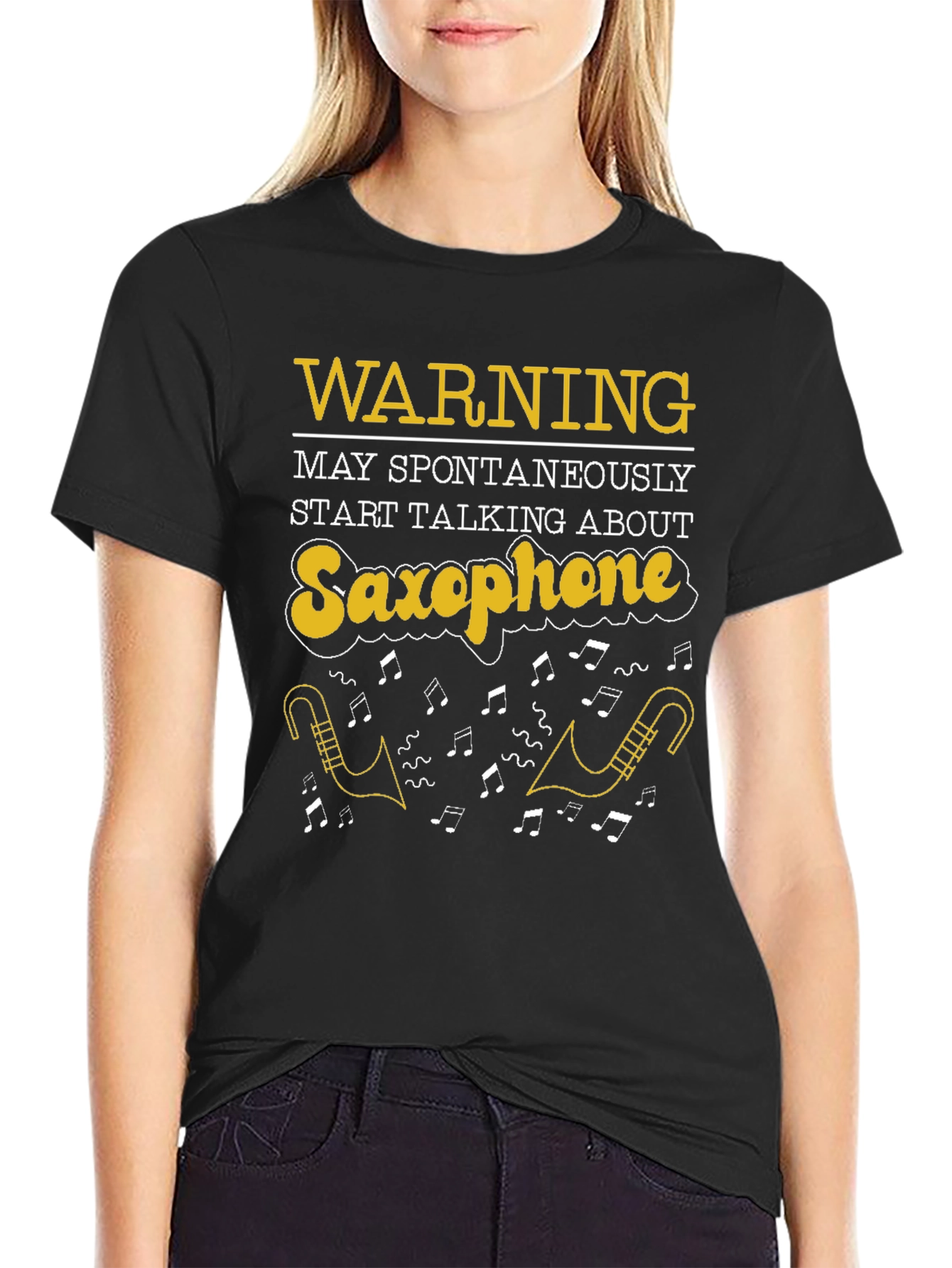 Black Saxophone T-Shirt: Warning May Spontaneously Talk view 2