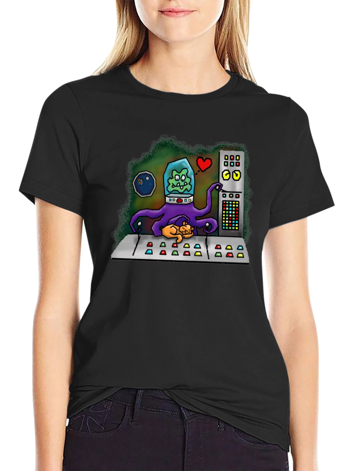 Black Alien Cat Lover Graphic Tee view 2