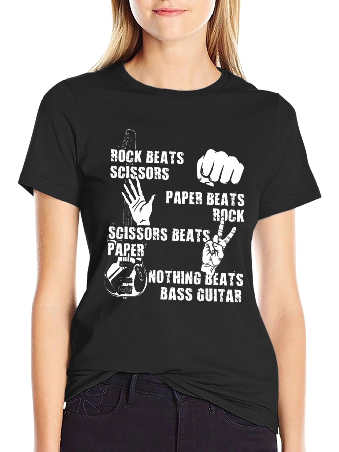 Black Rock Paper Scissors Bass Guitar Novelty T-Shirt view 2