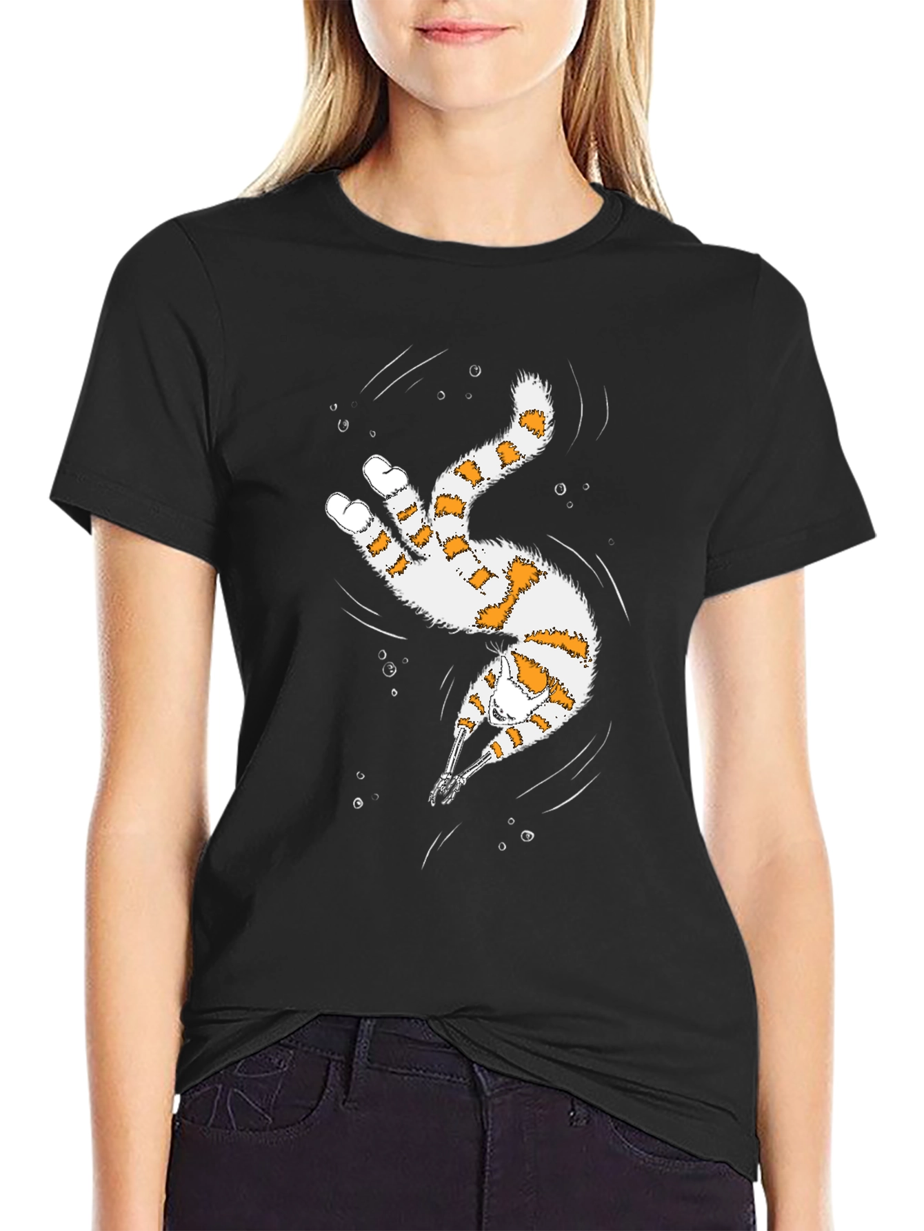 Black Whimsical Diving Cat Graphic Tee - Black view 2