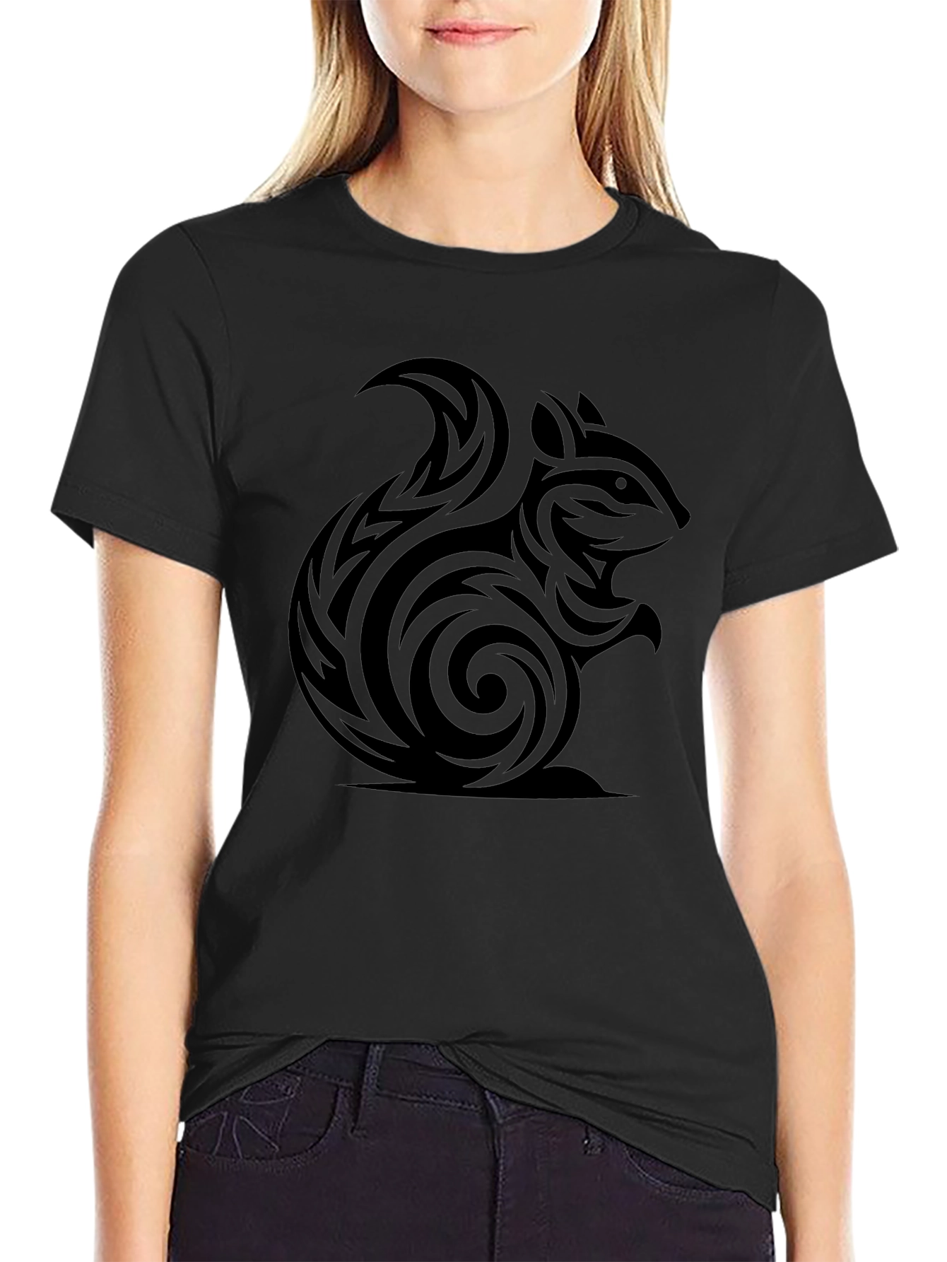 Black Tribal Squirrel Tee - Black Cotton Graphic T-Shirt view 2