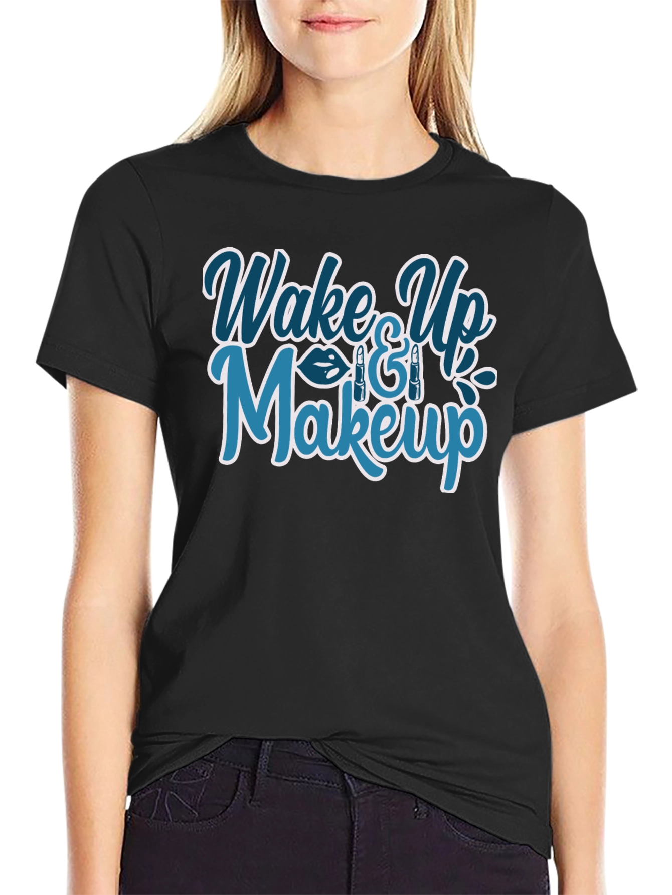 Black Wake Up & Makeup Graphic T-Shirt - Trendy Style view 2