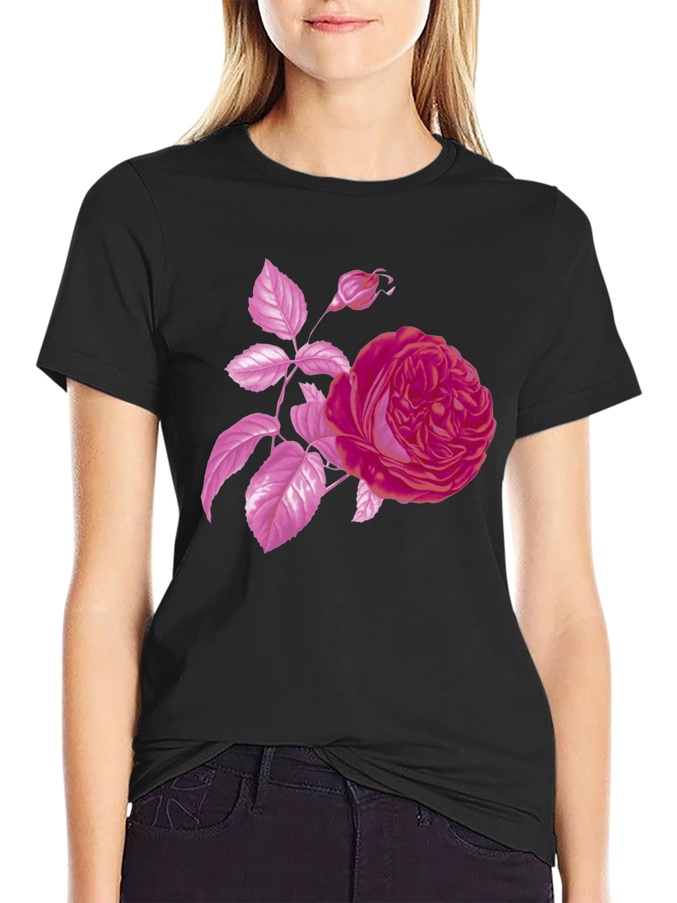 Black Rose Graphic Black T-Shirt - Stylish Floral Design view 2