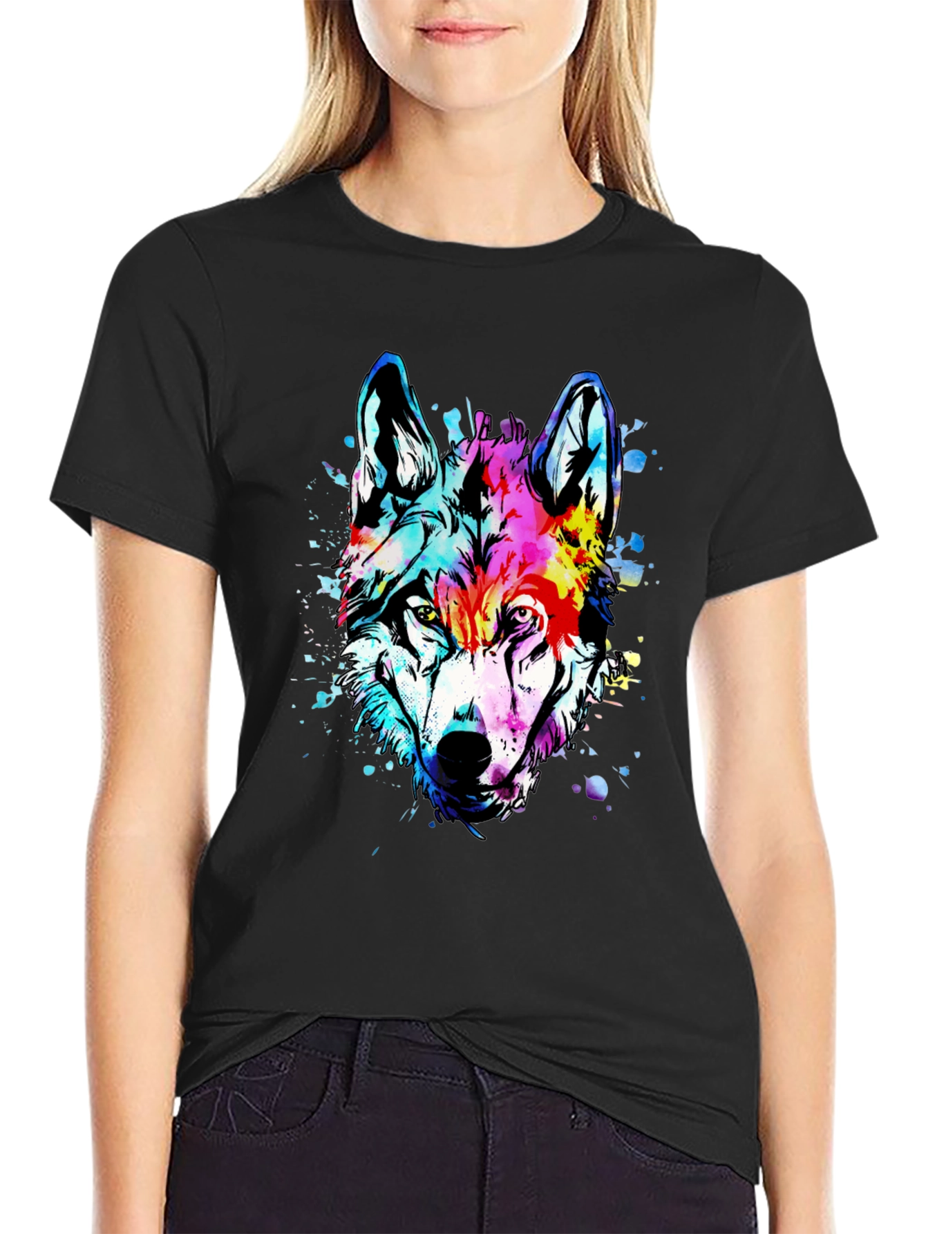 Black Vivid Wolf Graphic Tee - Men's Black Cotton T-Shirt view 2