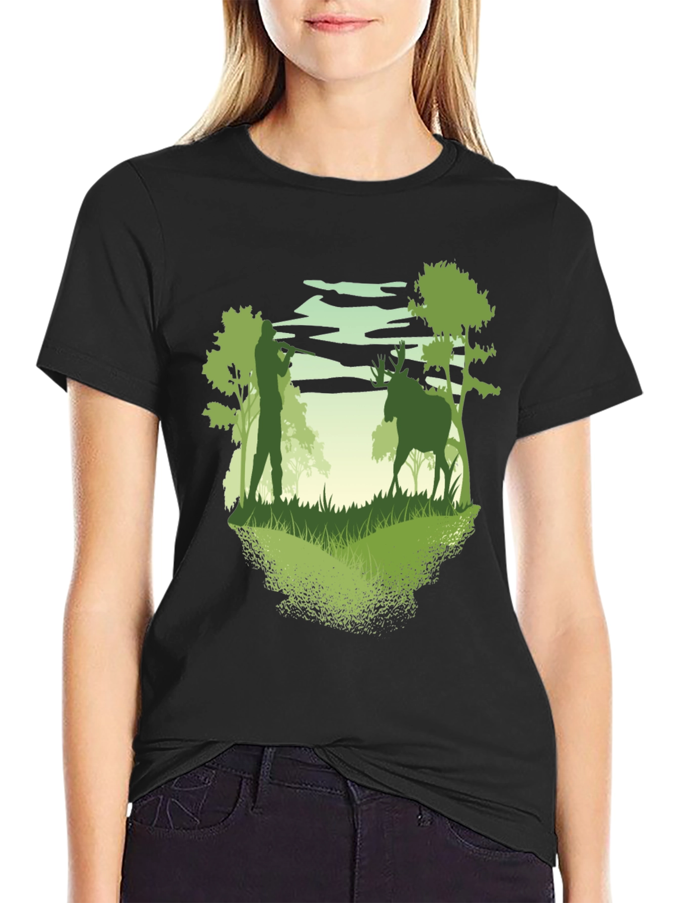 Black Hunter & Deer Graphic Tee - Nature Lover's T-Shirt view 2