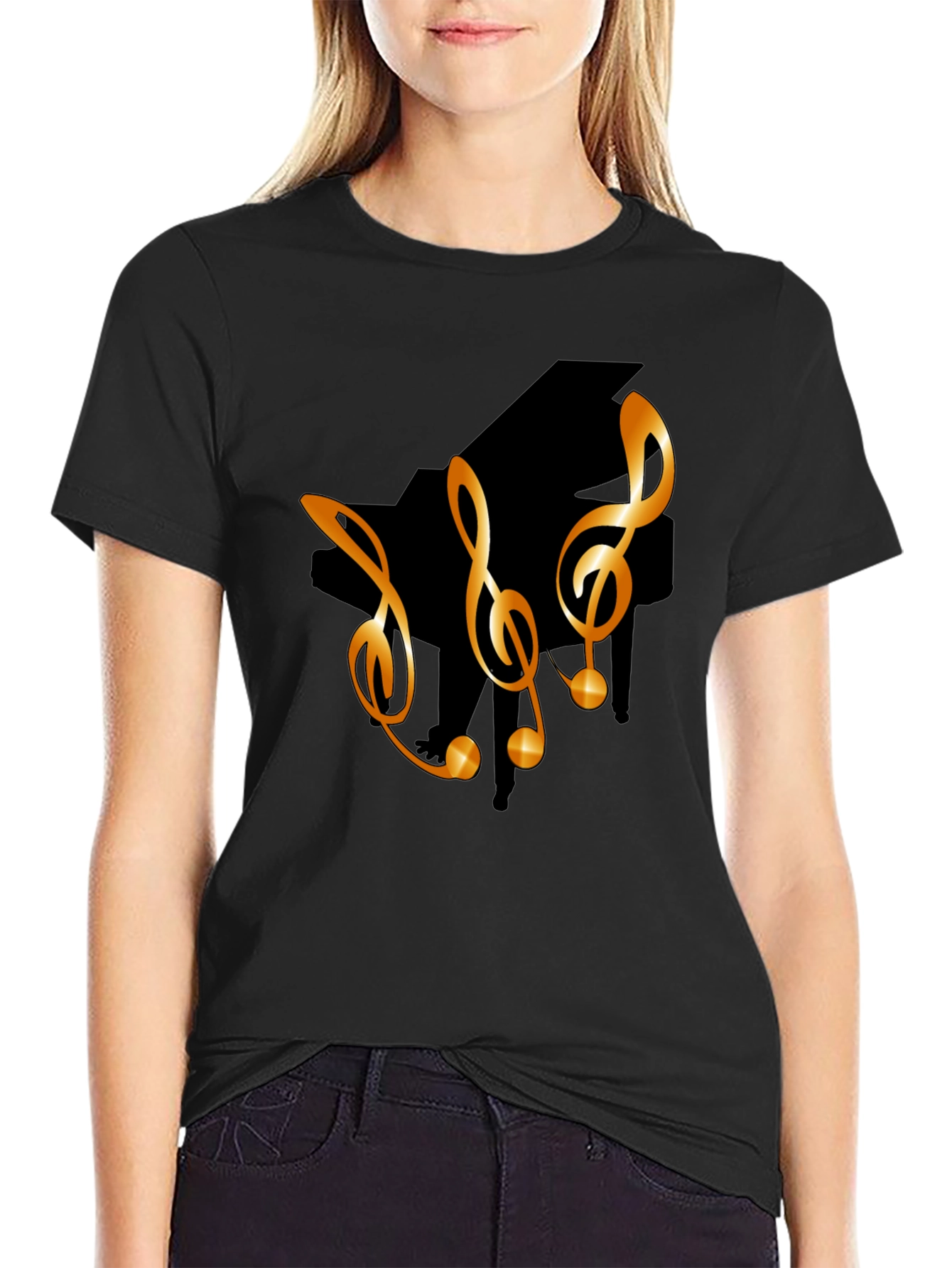 Black Musical T-Shirt with Piano & Treble Clef Design view 2