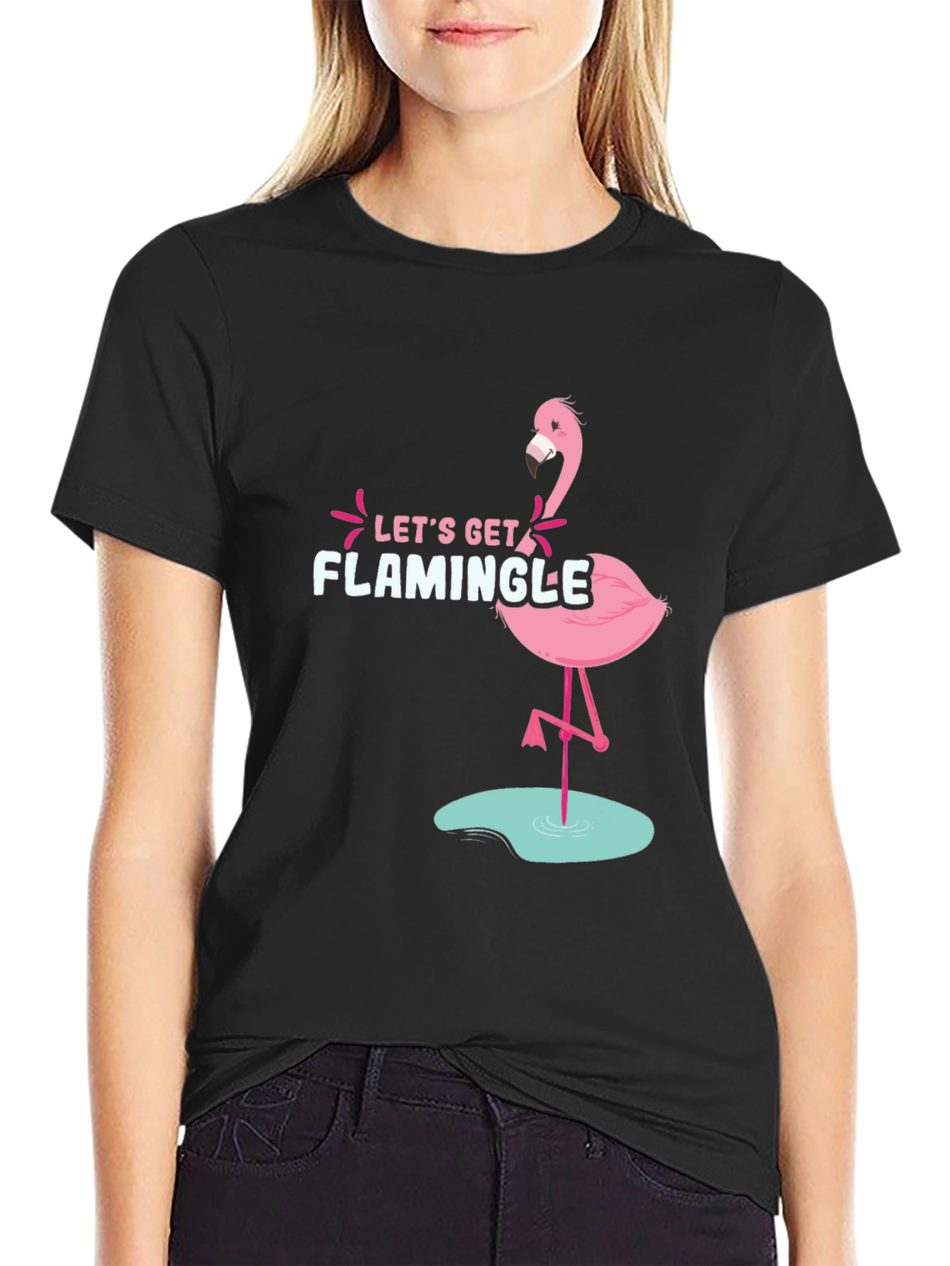 Black Let's Get Flamingle Black Graphic Tee view 2