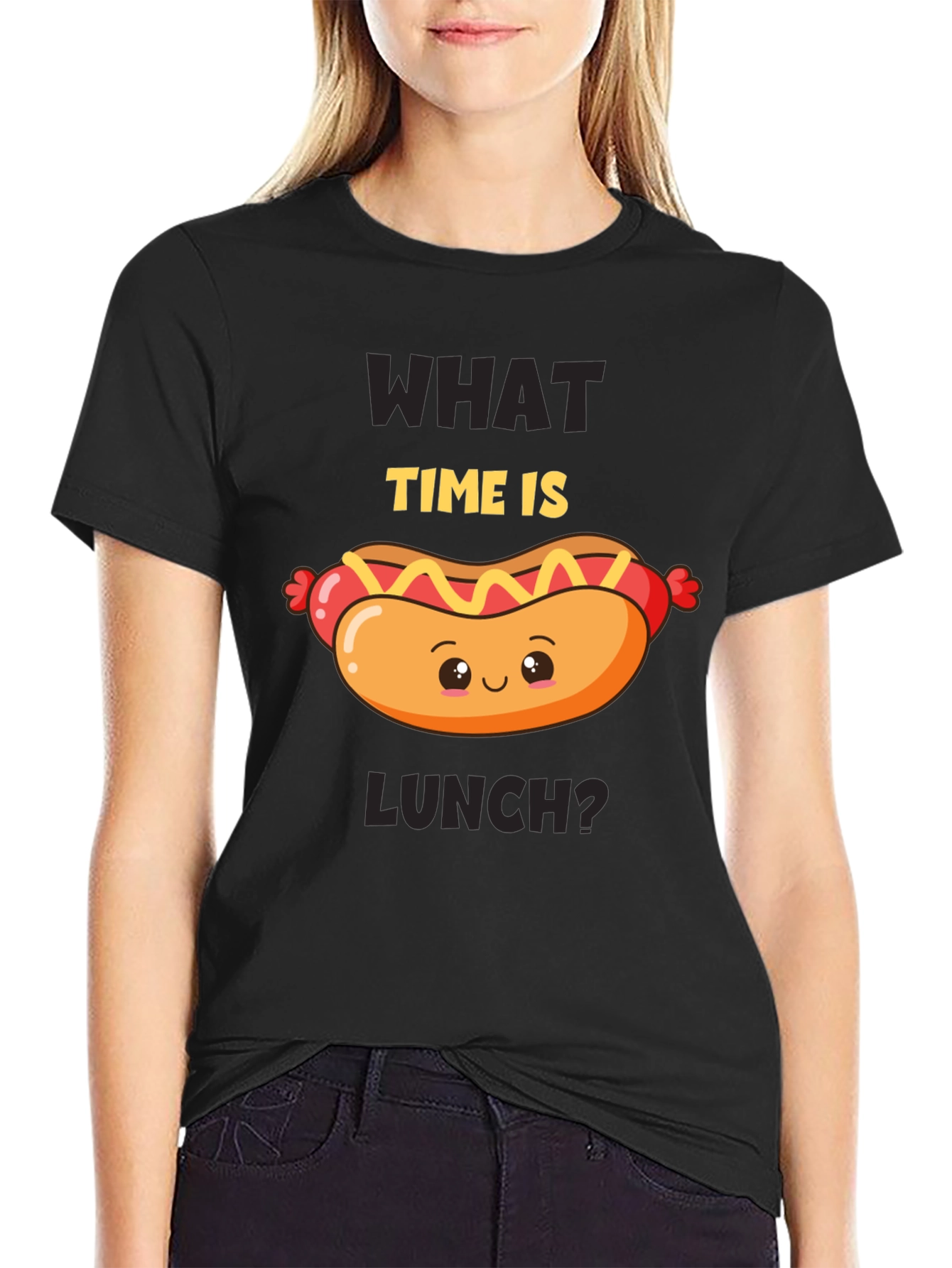 Black Funny Hot Dog T-Shirt - What Time Is Lunch? view 2