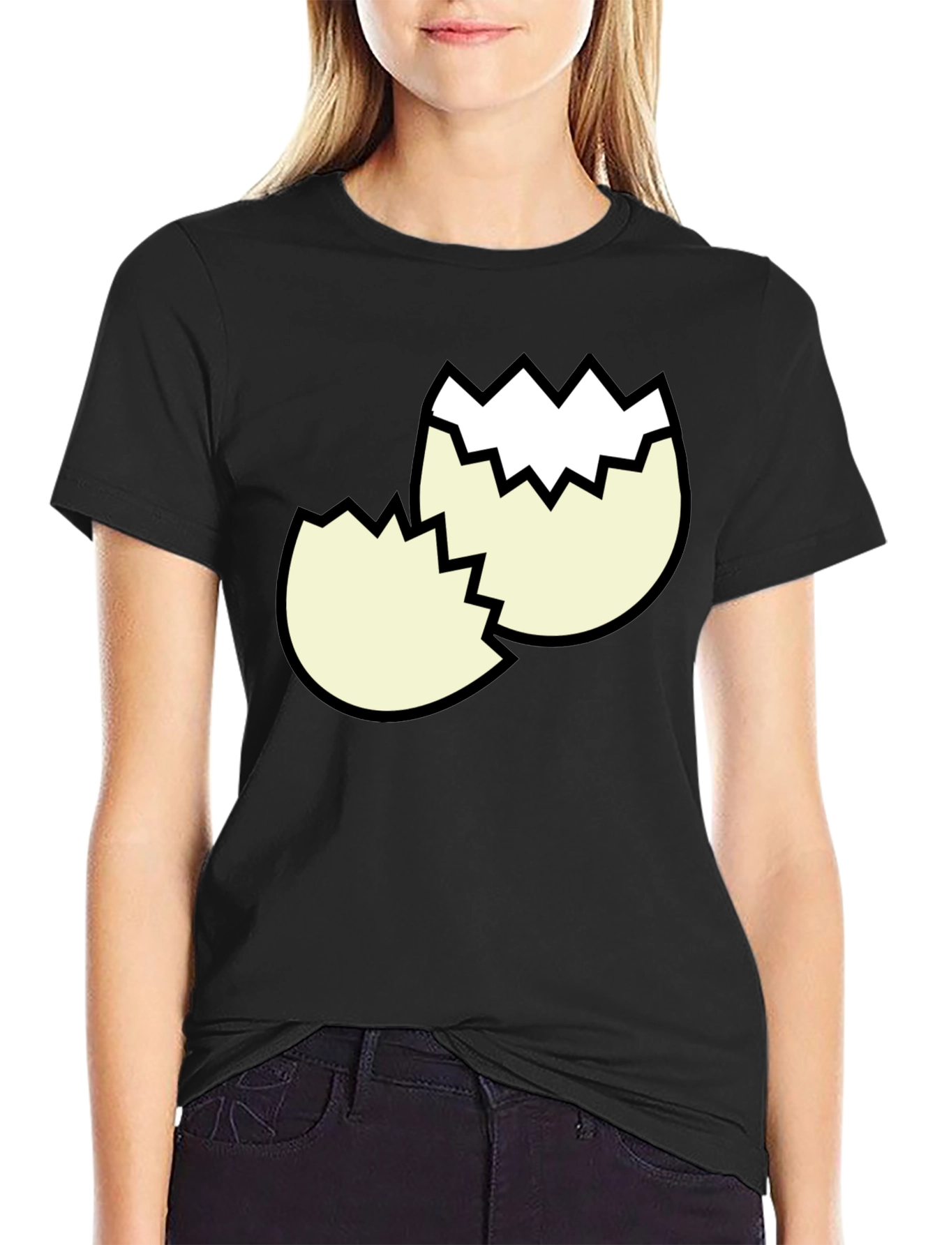 Black Cracked Egg Graphic Tee - Funny Broken Eggshell Design view 2