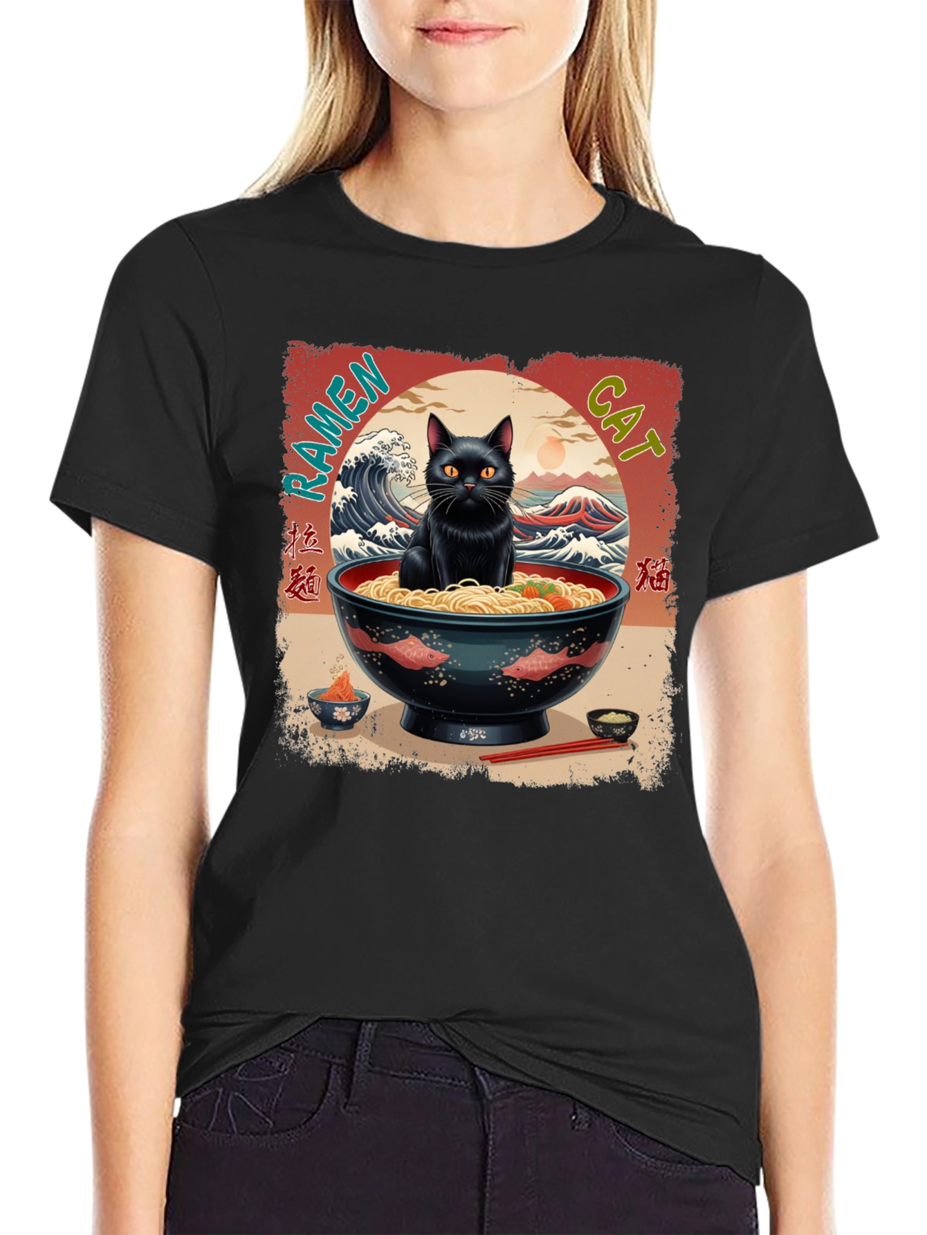 Black Ramen Cat Graphic Tee view 2