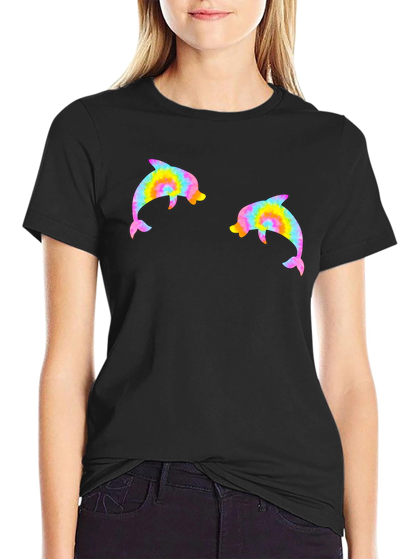 Black Tie Dye Dolphin Graphic Tee - Casual Cool Comfort view 2