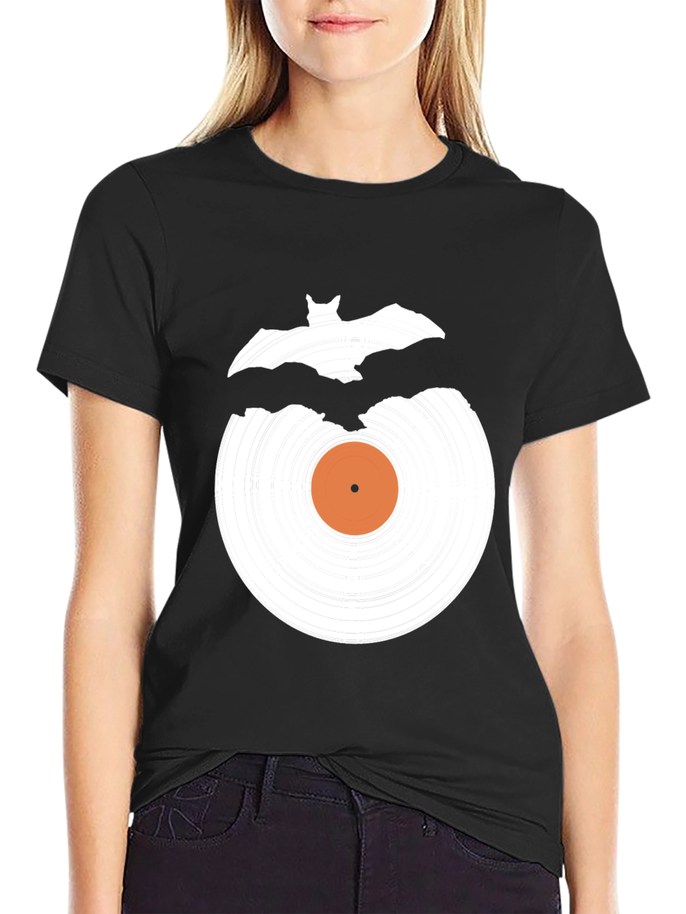 Black Bat Vinyl Record Graphic Tee - Halloween Style view 2