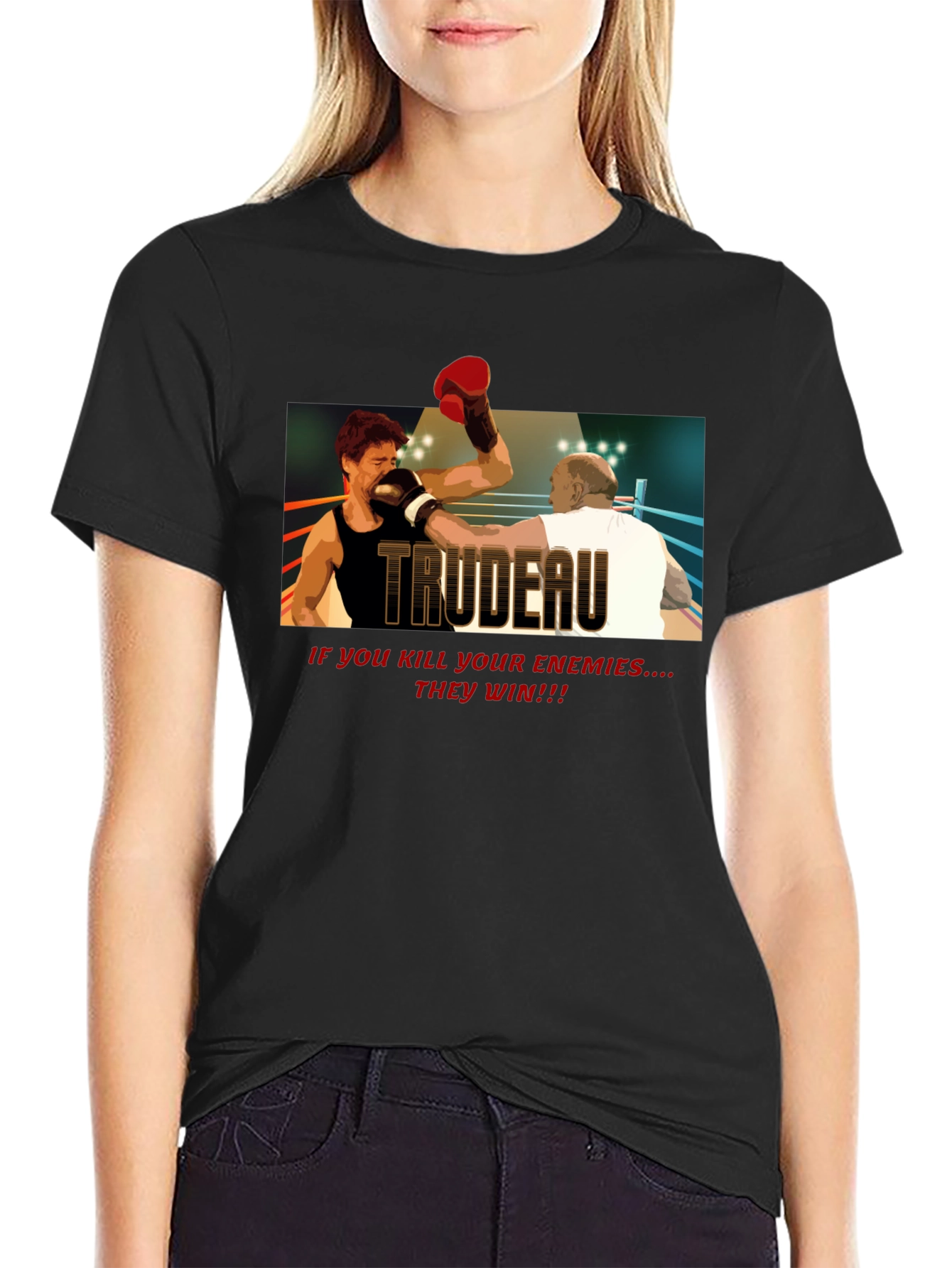 Black Trudeau Boxing Graphic Tee - Political Statement T-Shirt view 2