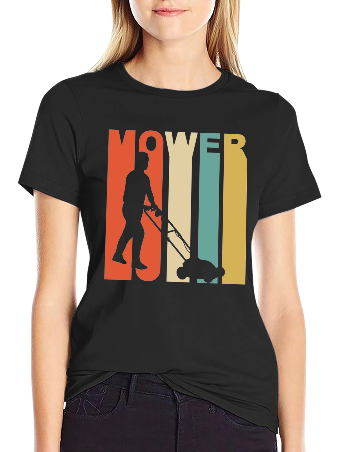 Black Vintage Mower Man T-Shirt - Retro Lawn Care Design view 2