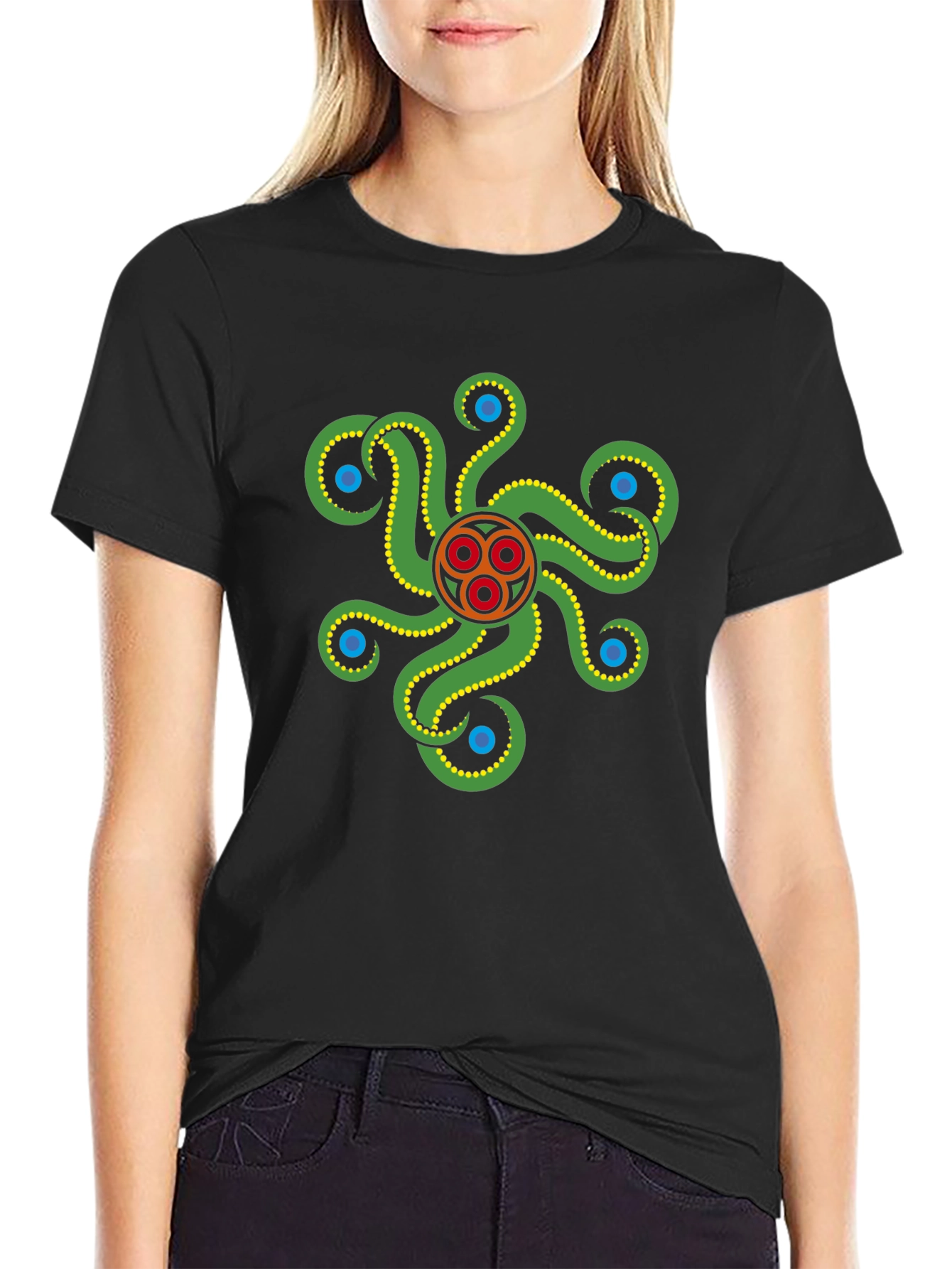 Black Black Tee with Green Octopus Graphic view 2