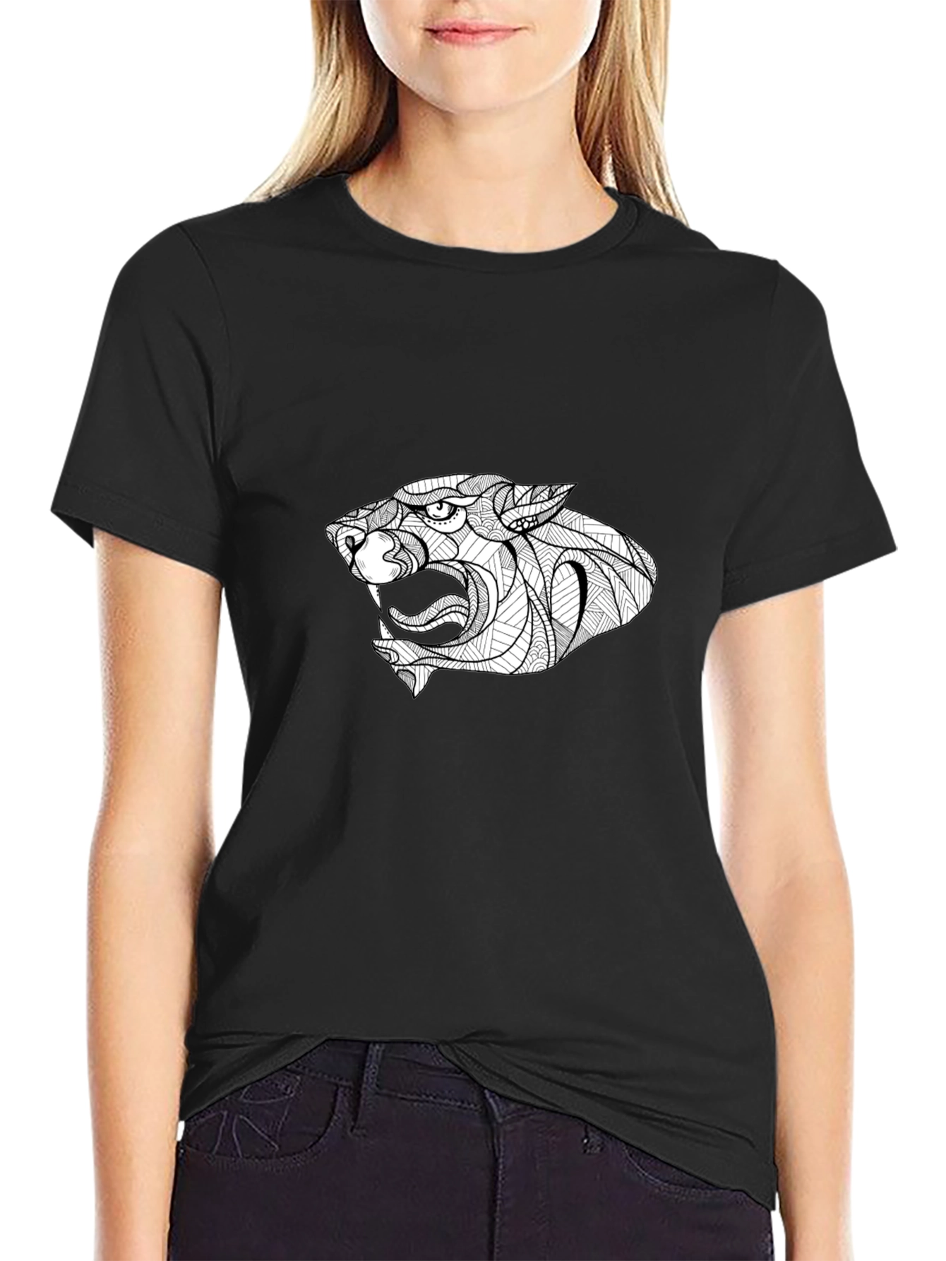 Black Black T-Shirt with Stylized Panther Graphic view 2