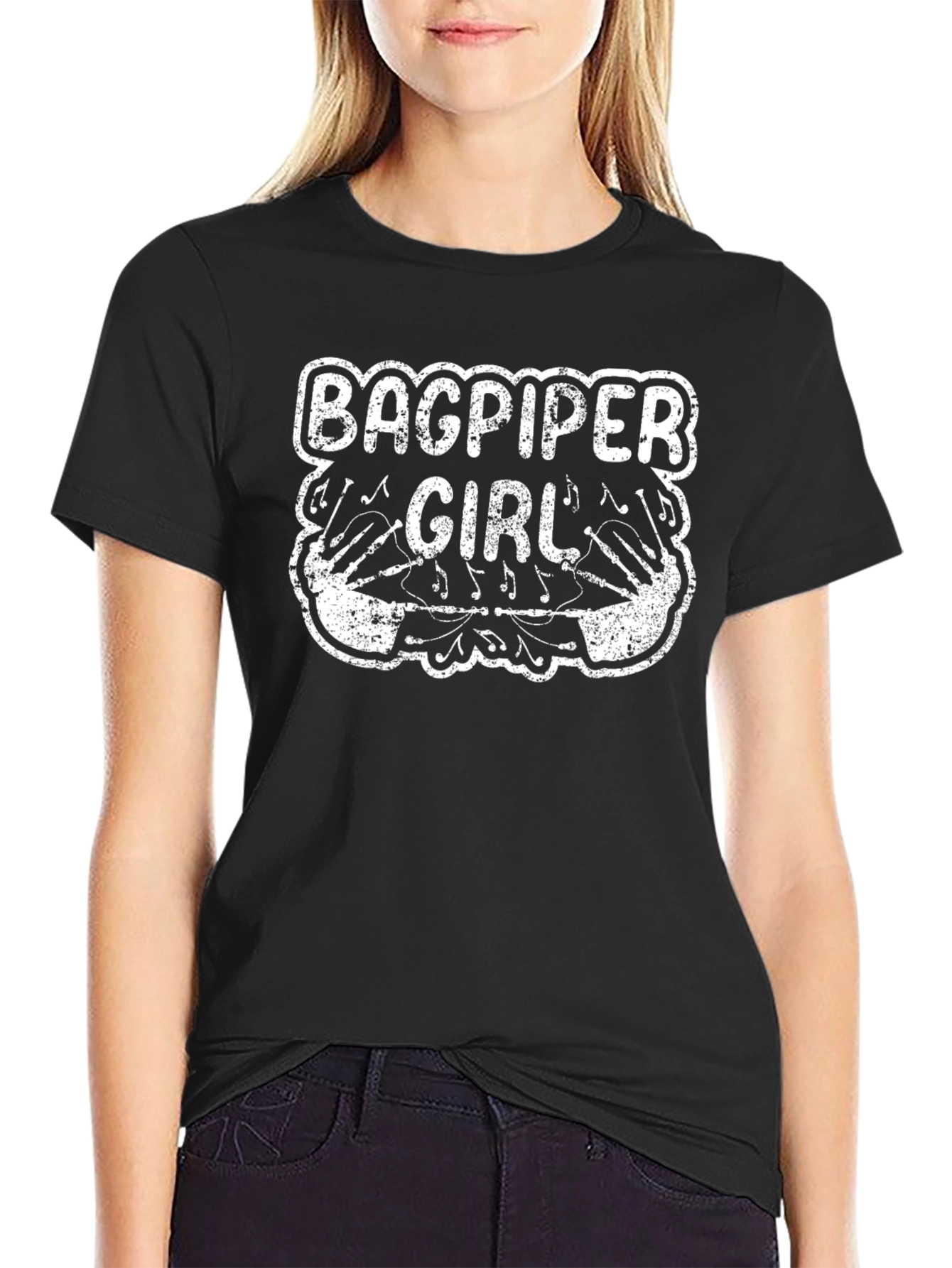 Black Bagpiper Girl Graphic Tee - Unisex Black T-Shirt view 2