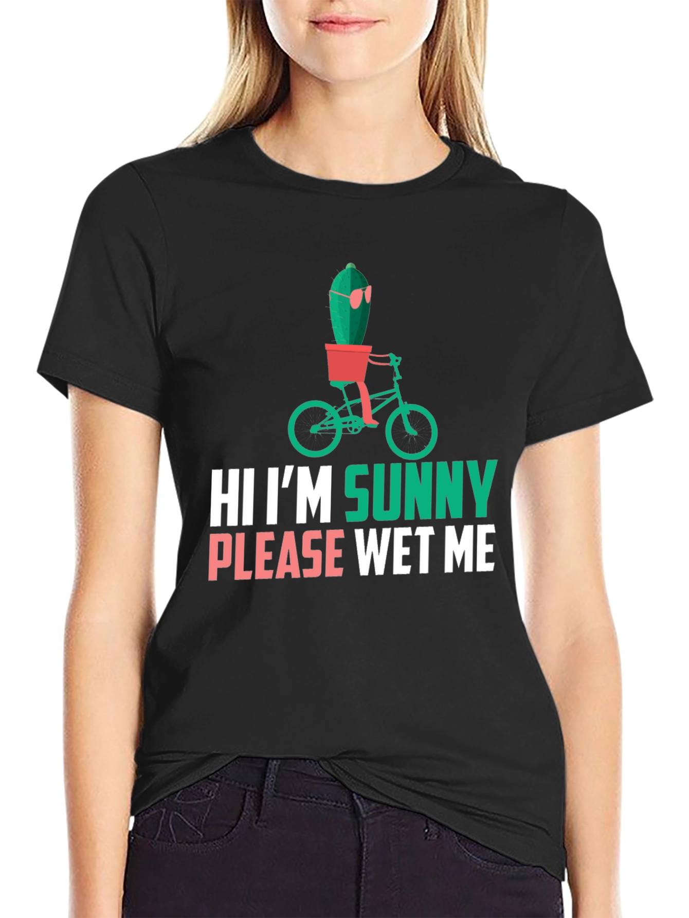 Black Funny Cactus T-Shirt - "Hi I'm Sunny, Please Wet Me" view 2