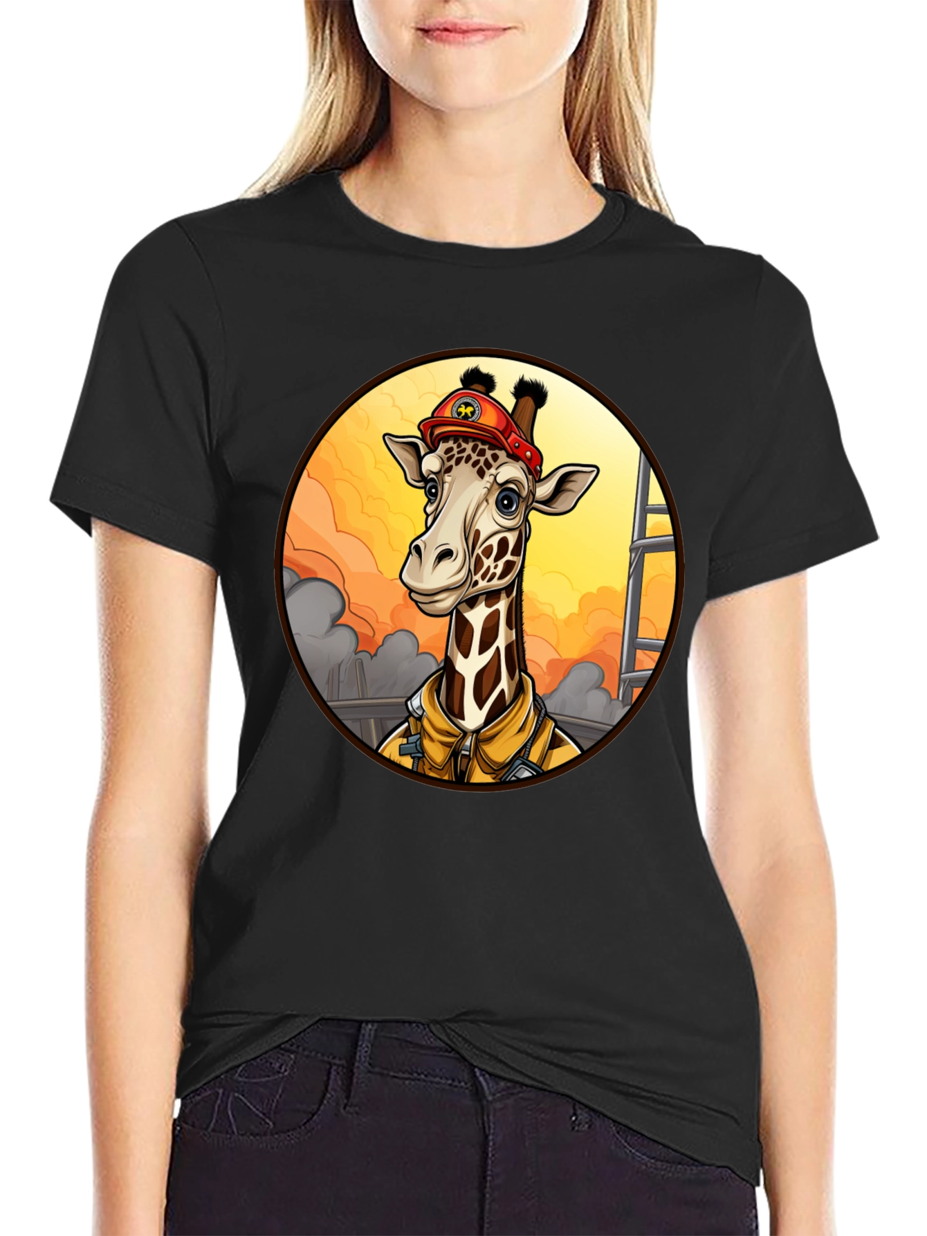 Black Giraffe Firefighter T-Shirt - Unique Cartoon Design view 2