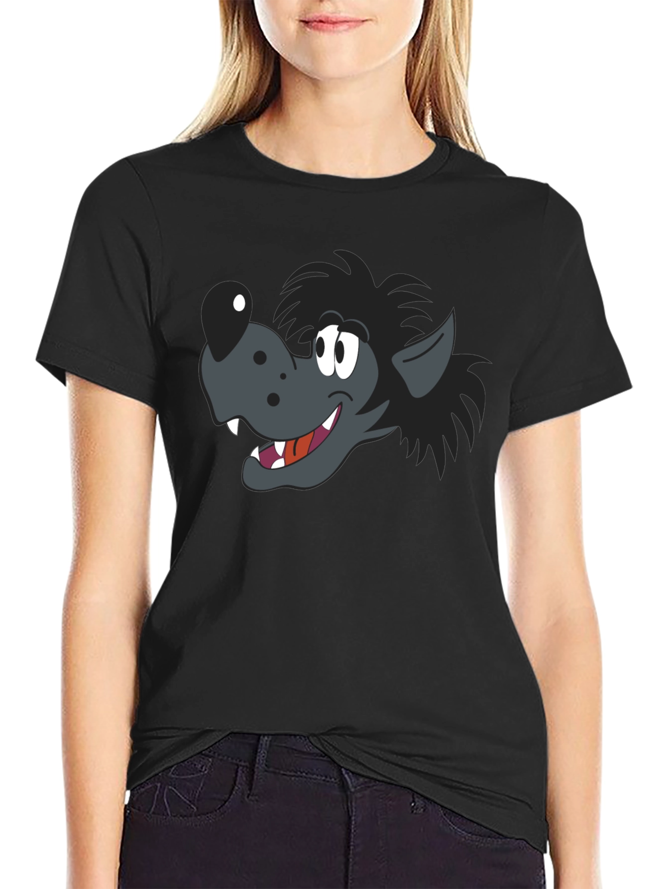 Black Cartoon Wolf Graphic Black T-Shirt view 2