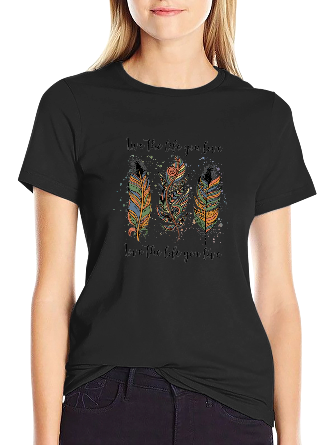 Black Feather Design T-Shirt - Live The Life You Love view 2