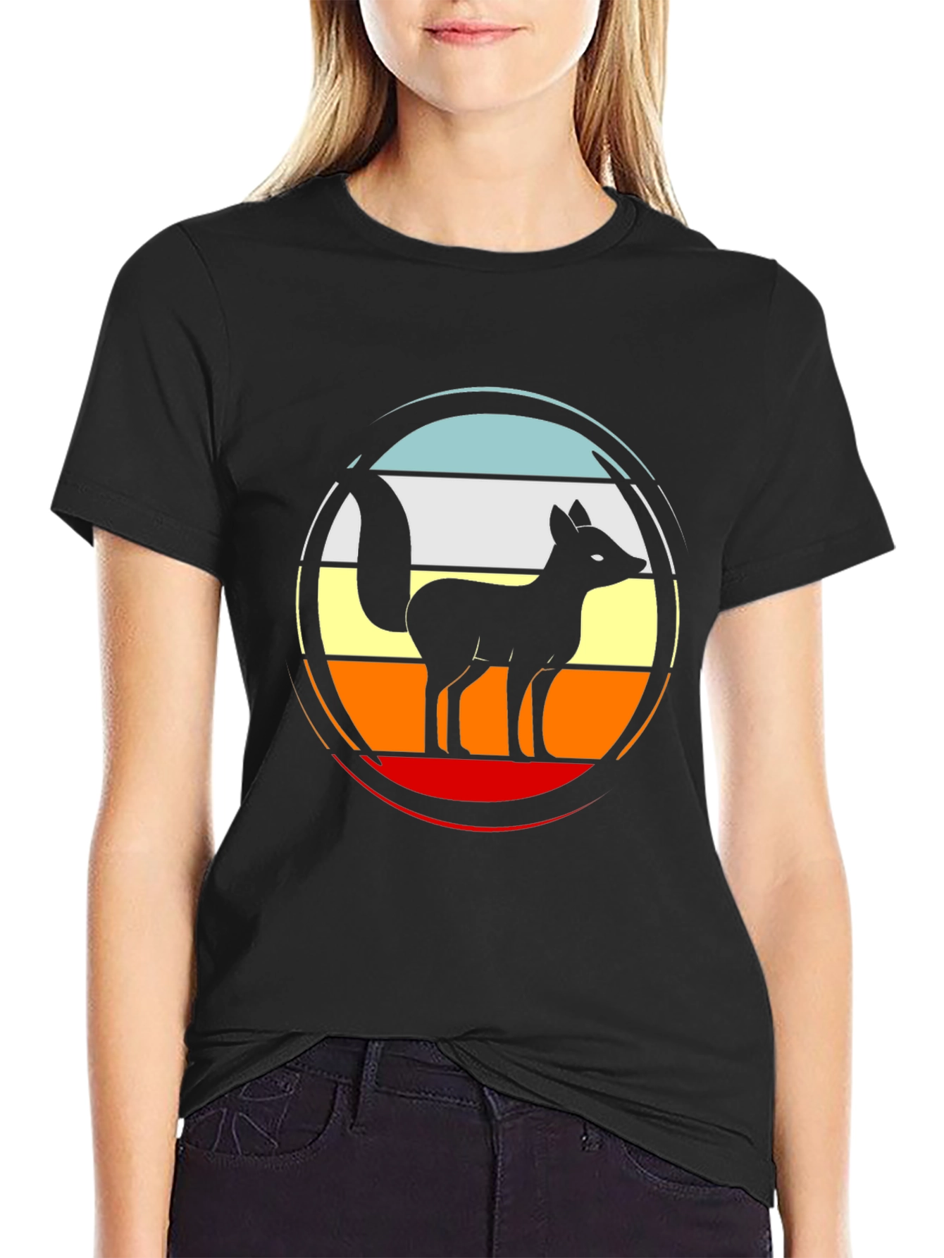 Black Retro Fox Graphic Tee - Stylish Animal Silhouette Shirt view 2
