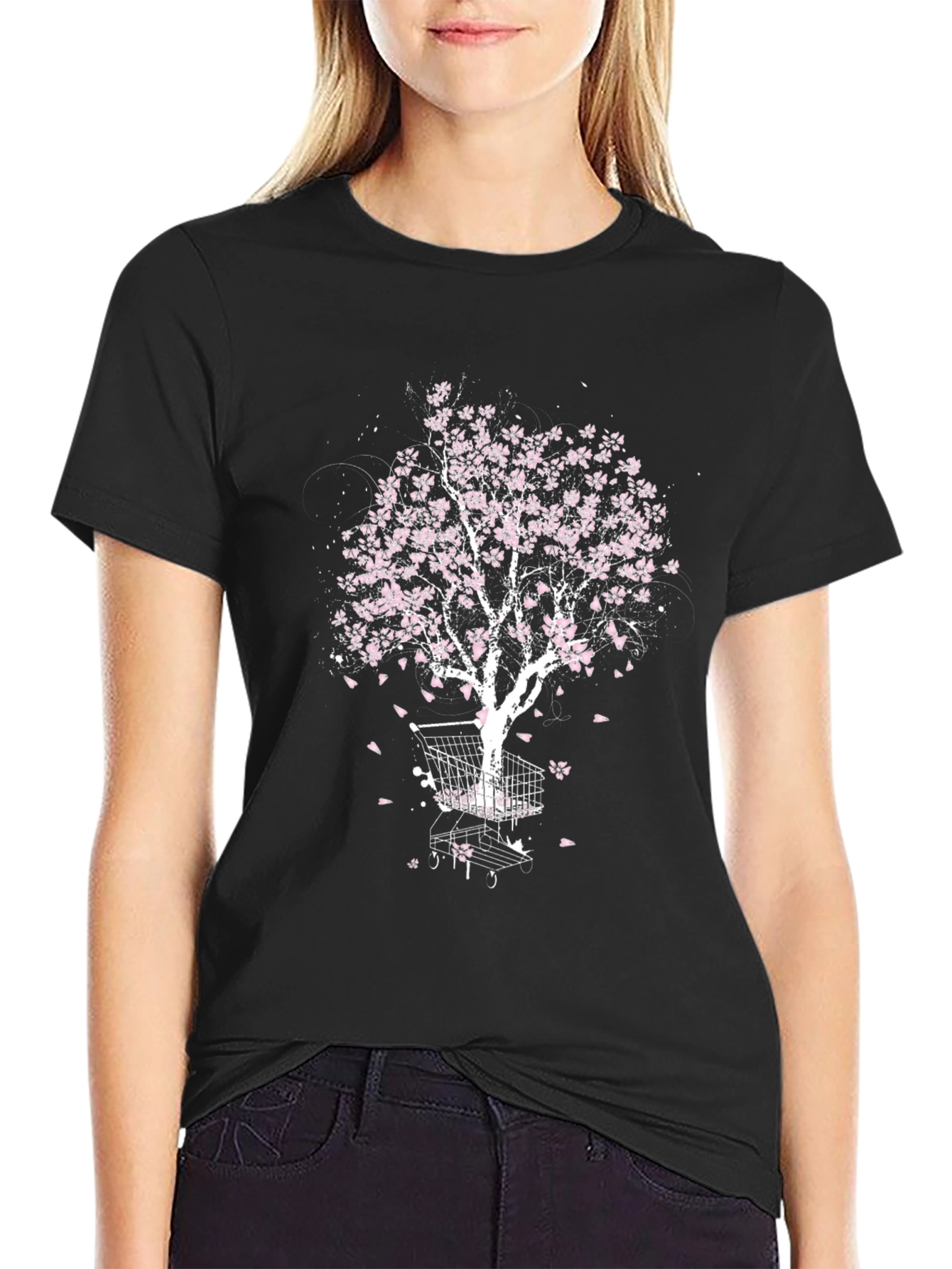 Black Cherry Blossom Shopping Cart Tree Graphic Tee view 2