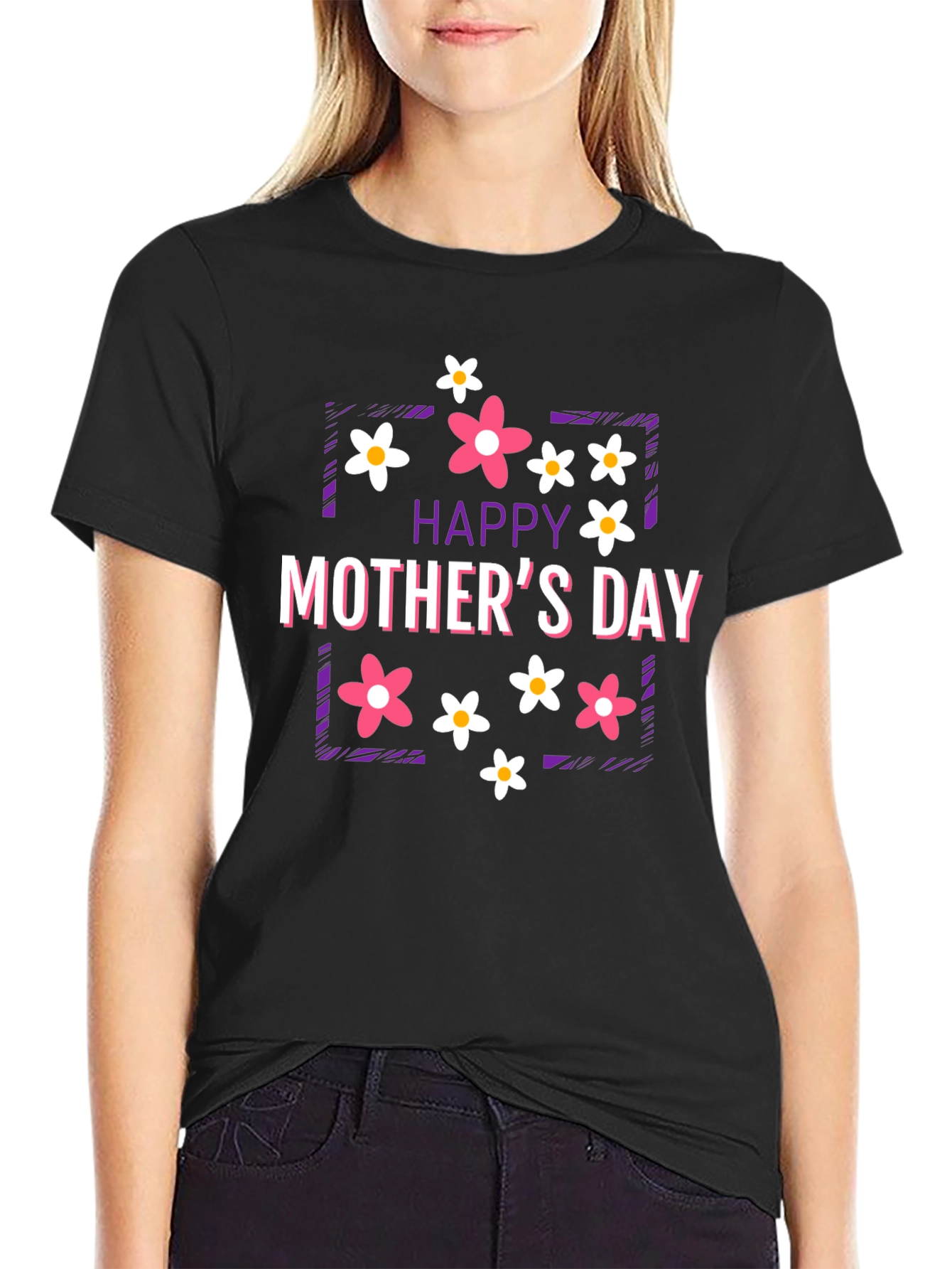 Black Happy Mother's Day Floral Graphic T-Shirt view 2