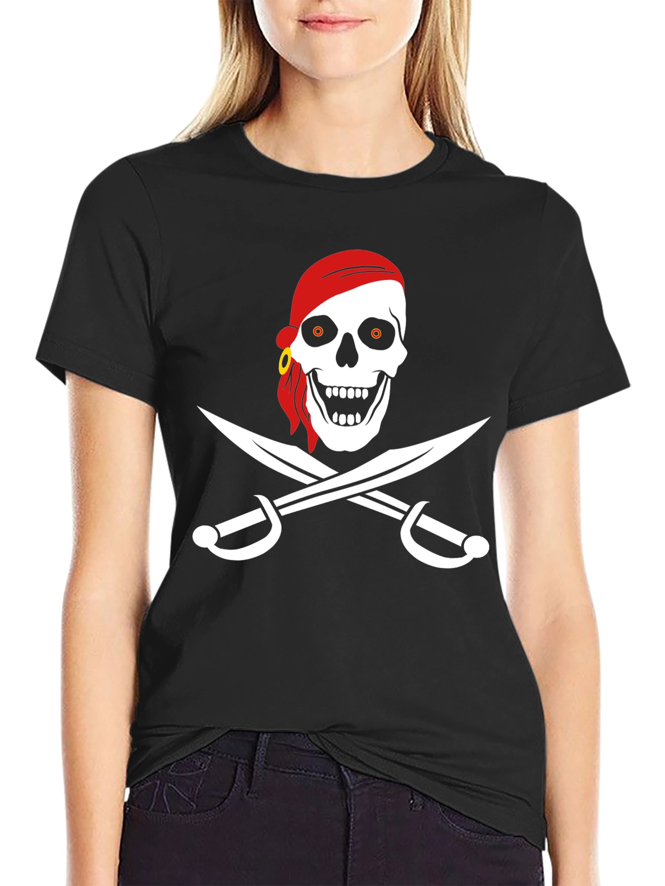 Black Pirate Skull & Swords Graphic T-Shirt view 2