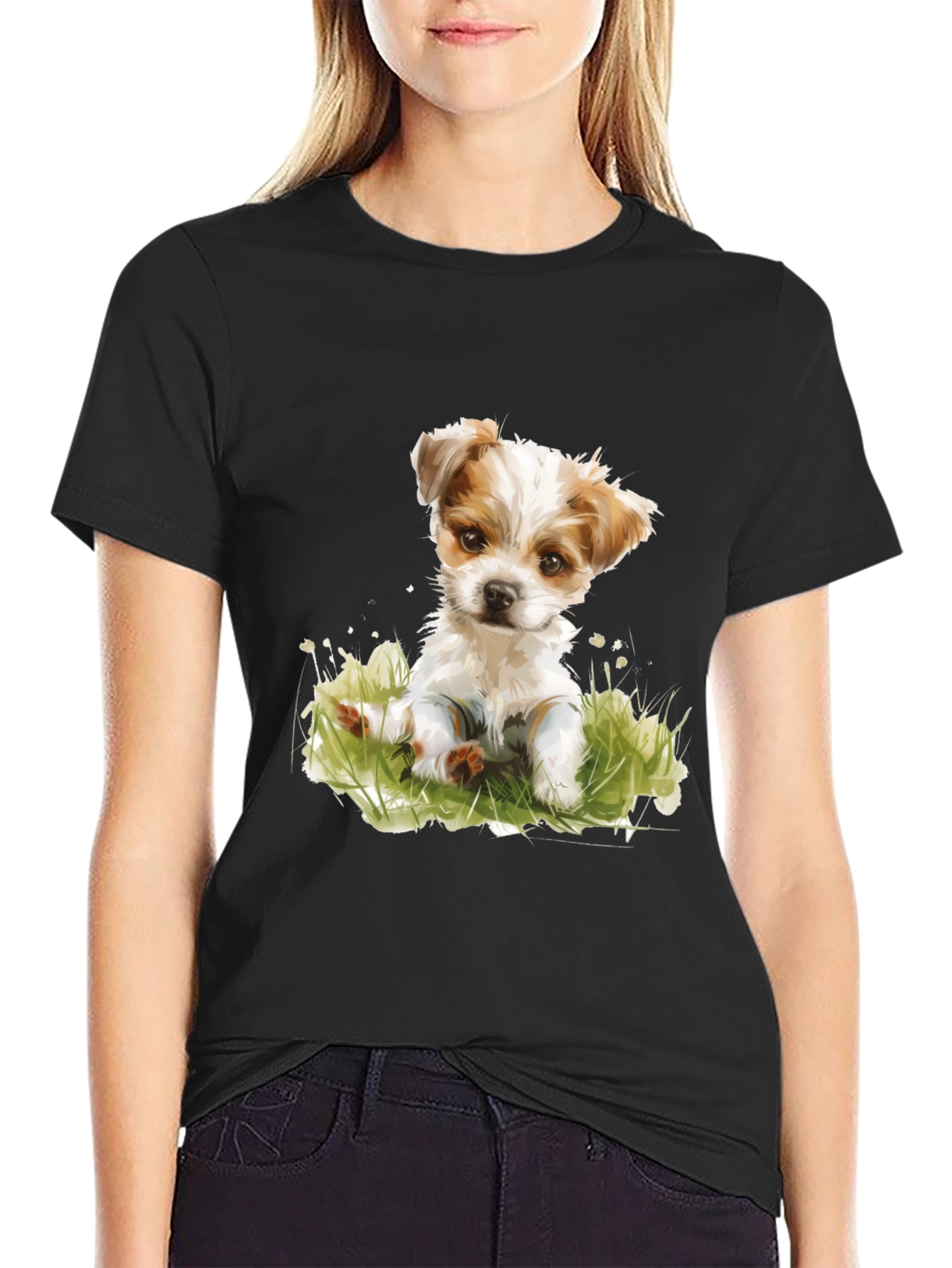 Black Cute Puppy Graphic T-Shirt - Black view 2