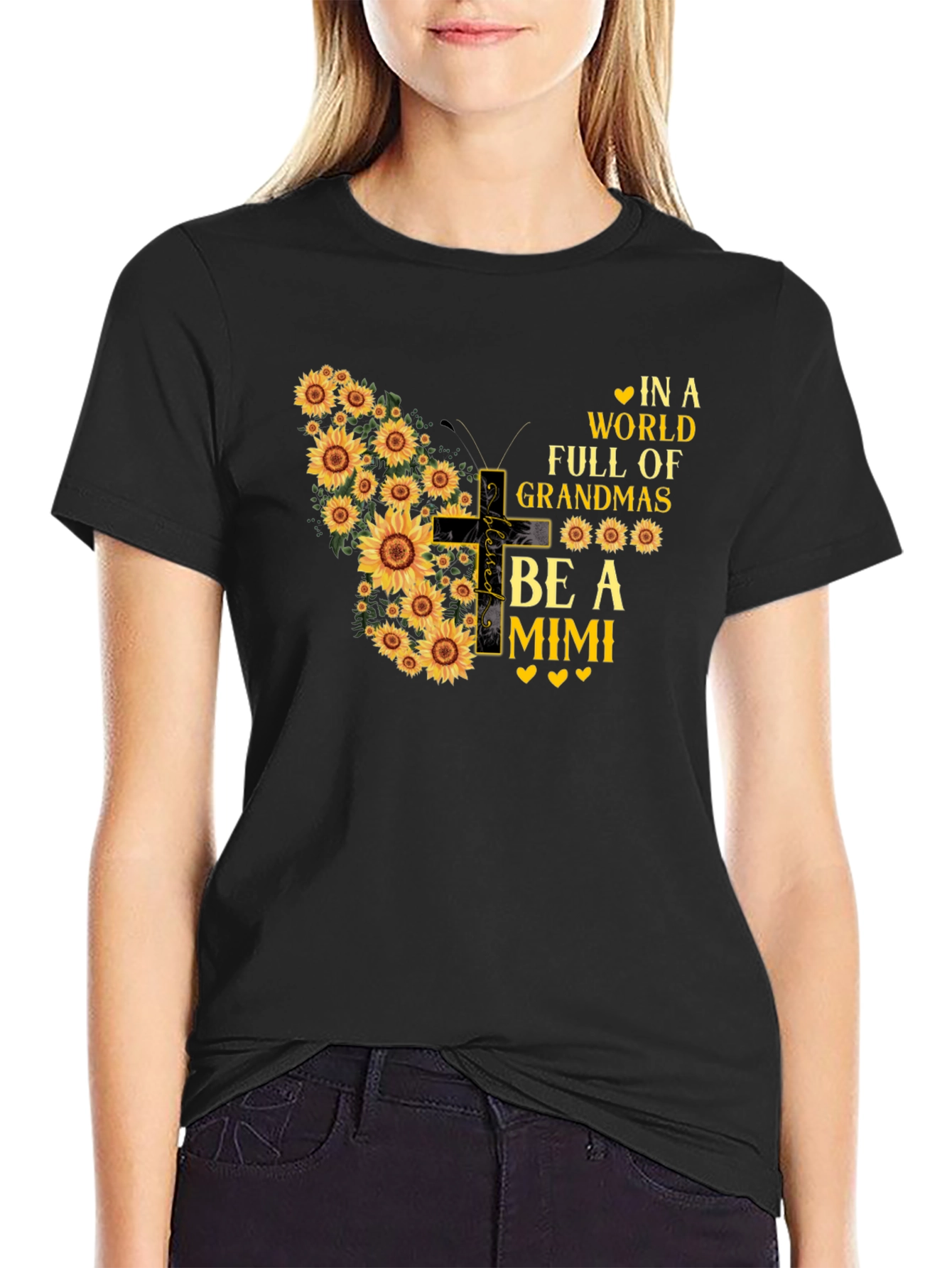 Black Sunflower Butterfly Grandma Mimi T-Shirt view 2