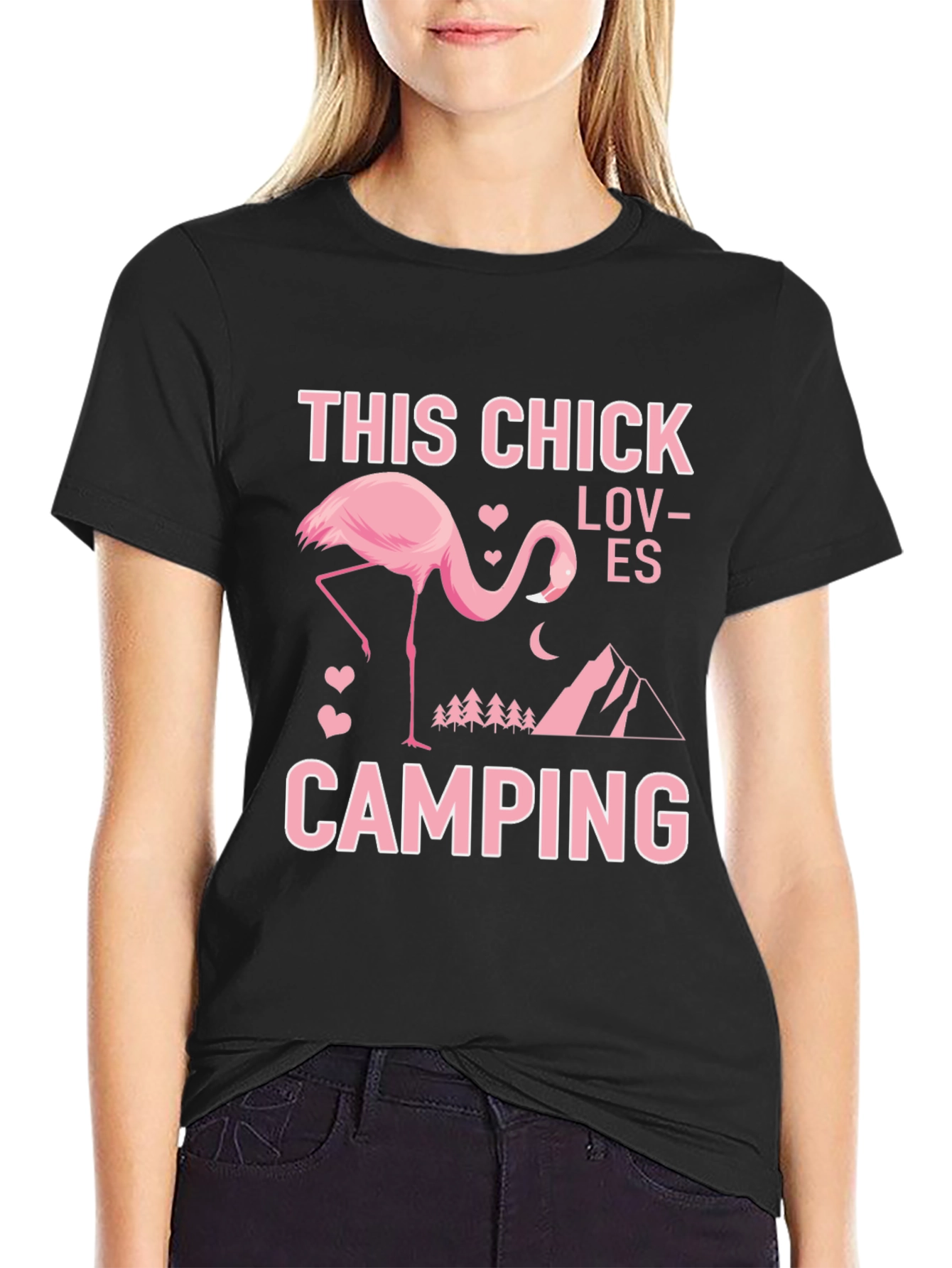 Black This Chick Loves Camping Flamingo Graphic Tee view 2