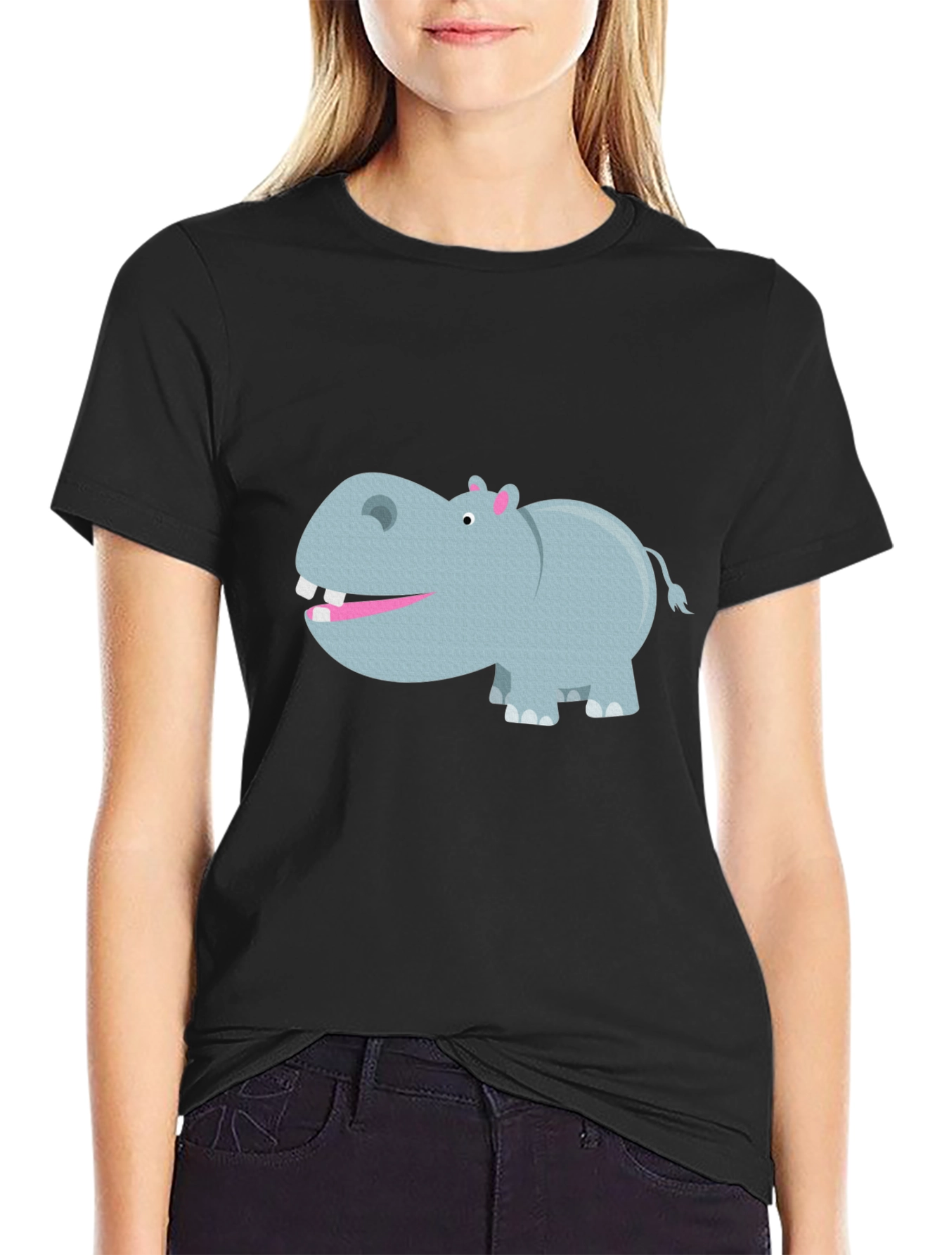 Black Hippo Graphic Tee - Comfortable Black Cotton T-Shirt view 2