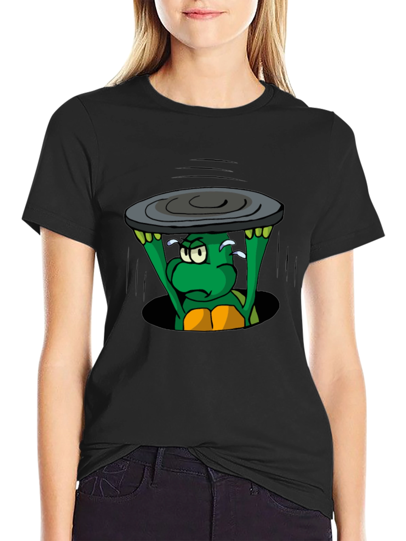 Black Cartoon Turtle Lifting Manhole Cover Black T-Shirt view 2