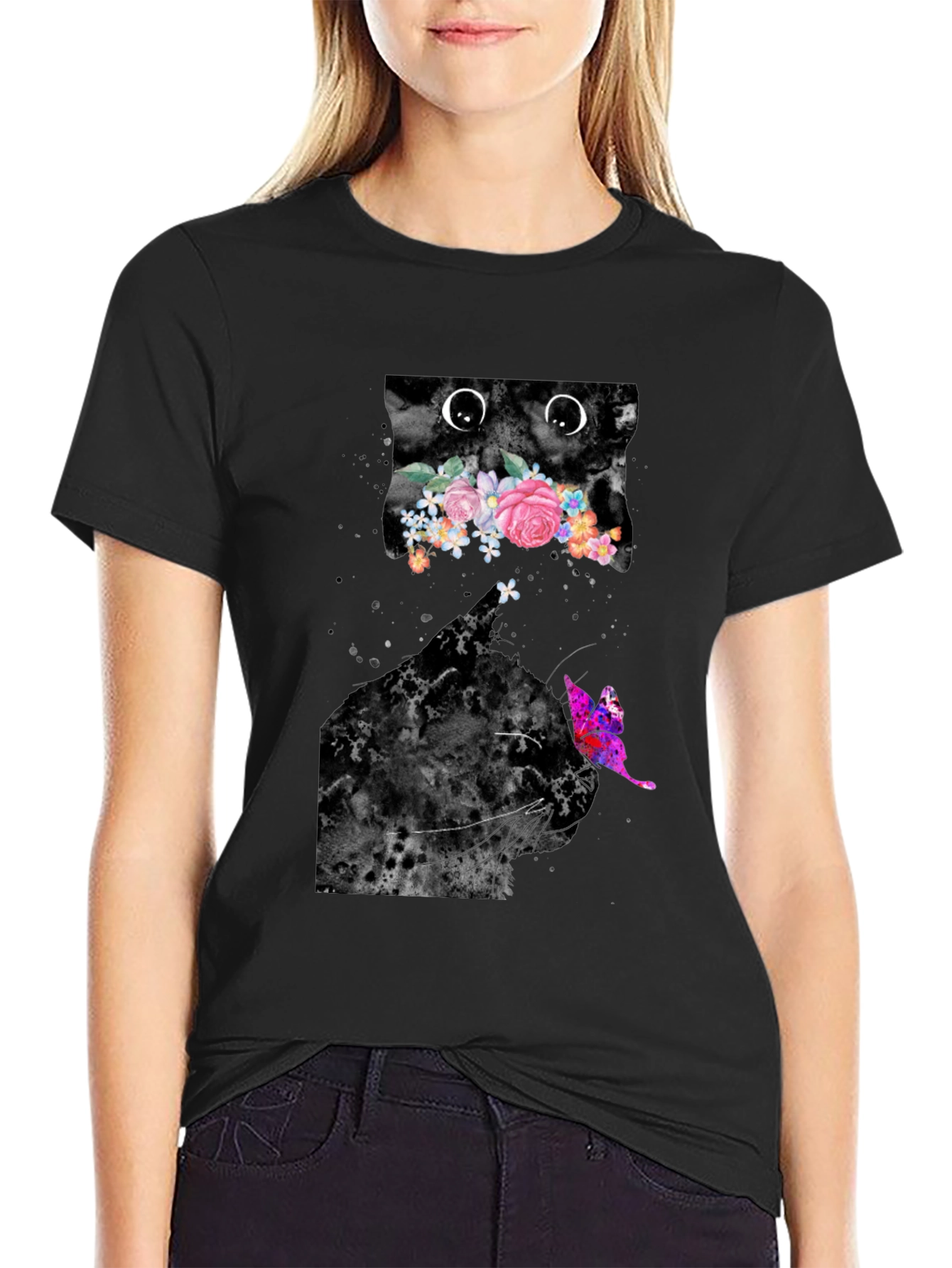 Black Floral Cat Graphic Tee - Trendy Men's Black T-Shirt view 2