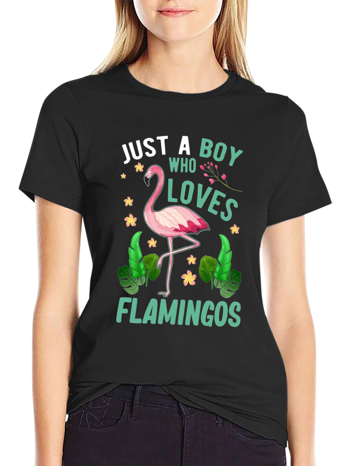 Black Just A Boy Who Loves Flamingos T-Shirt view 2