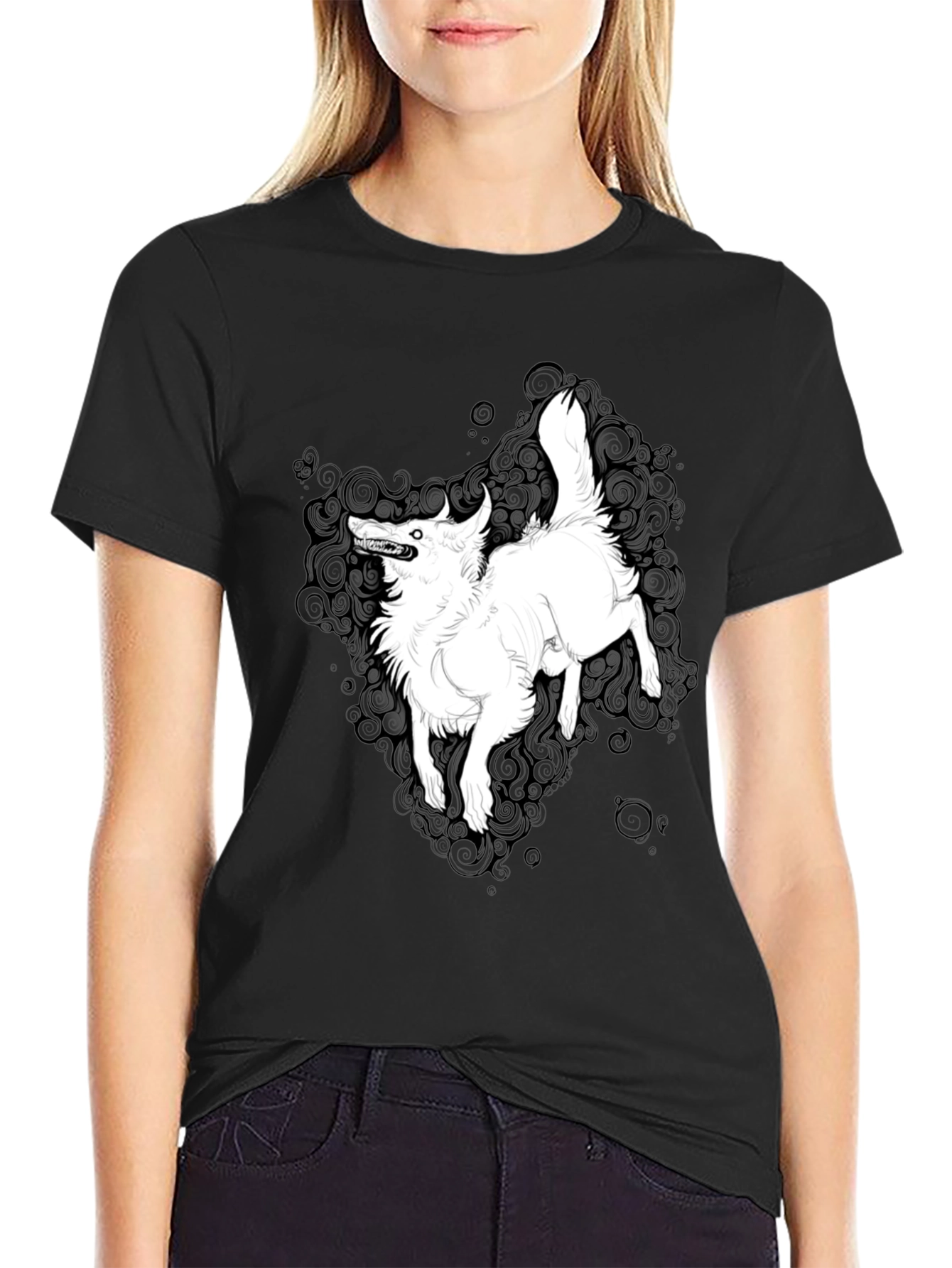 Black Black Graphic Tee - White Wolf Print view 2