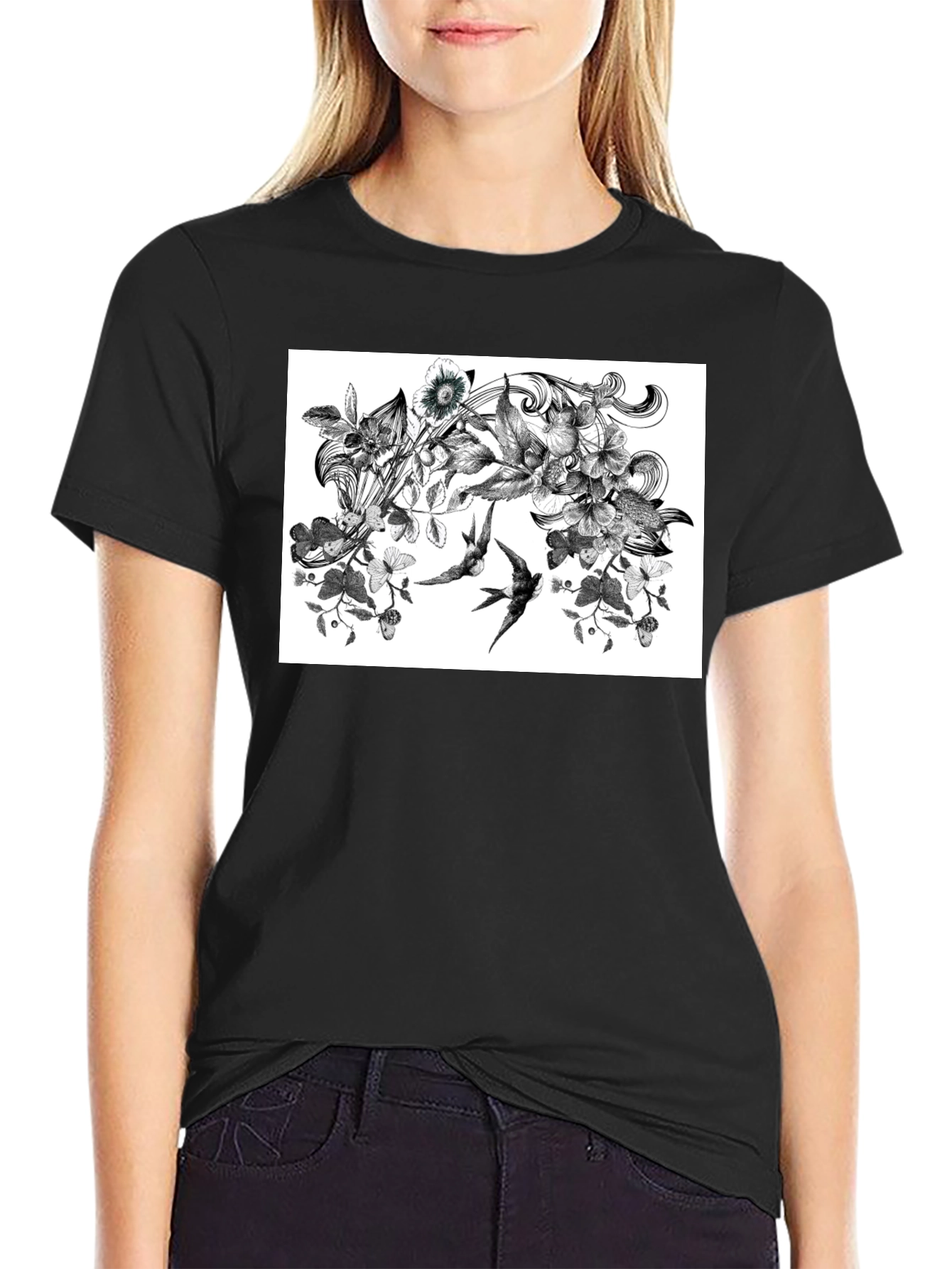 Black Botanical Swallow T-Shirt - Artistic Black Tee view 2