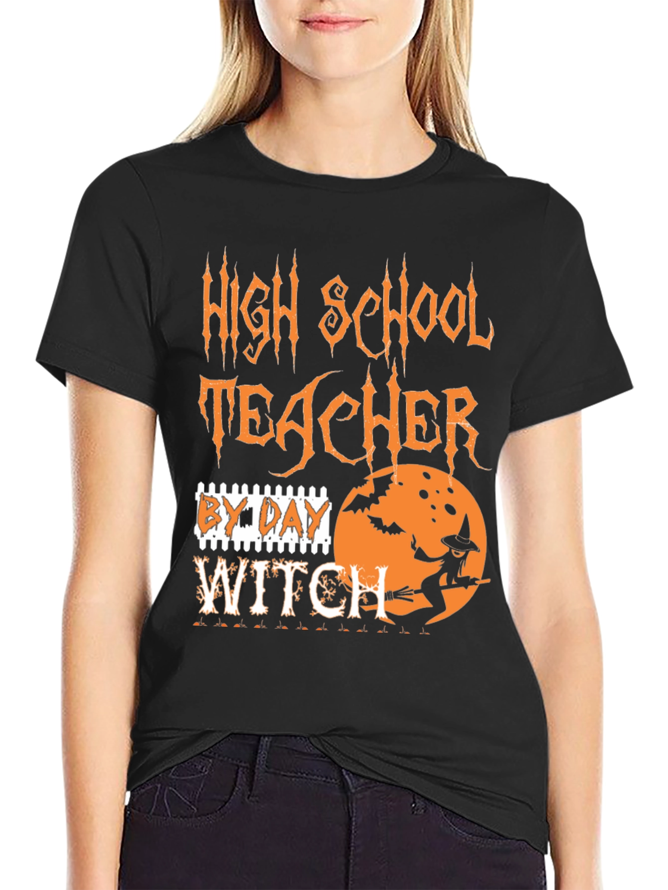 Black High School Teacher By Day Witch T-Shirt Halloween view 2