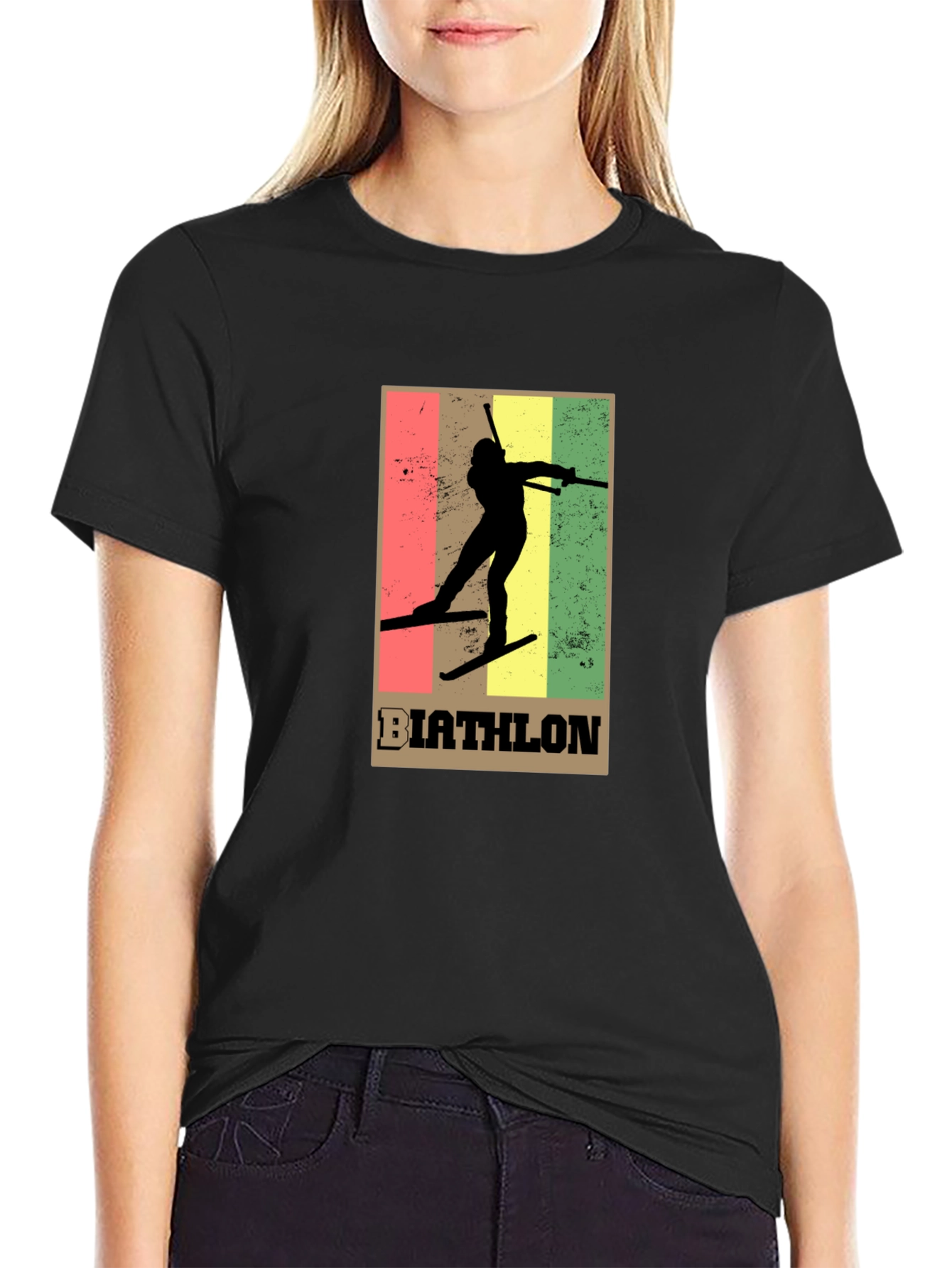 Black Biathlon Skiing T-Shirt - Retro Style Black Tee view 2