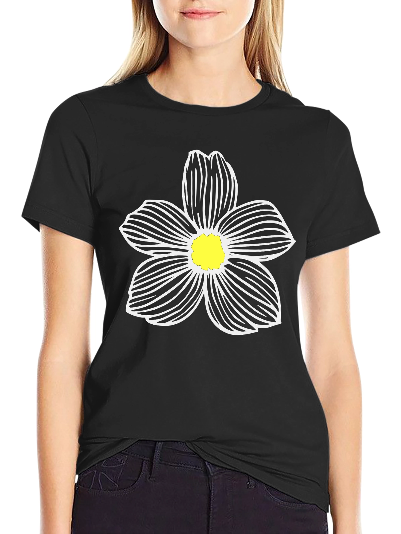 Black Black T-Shirt with White Floral Graphic view 2