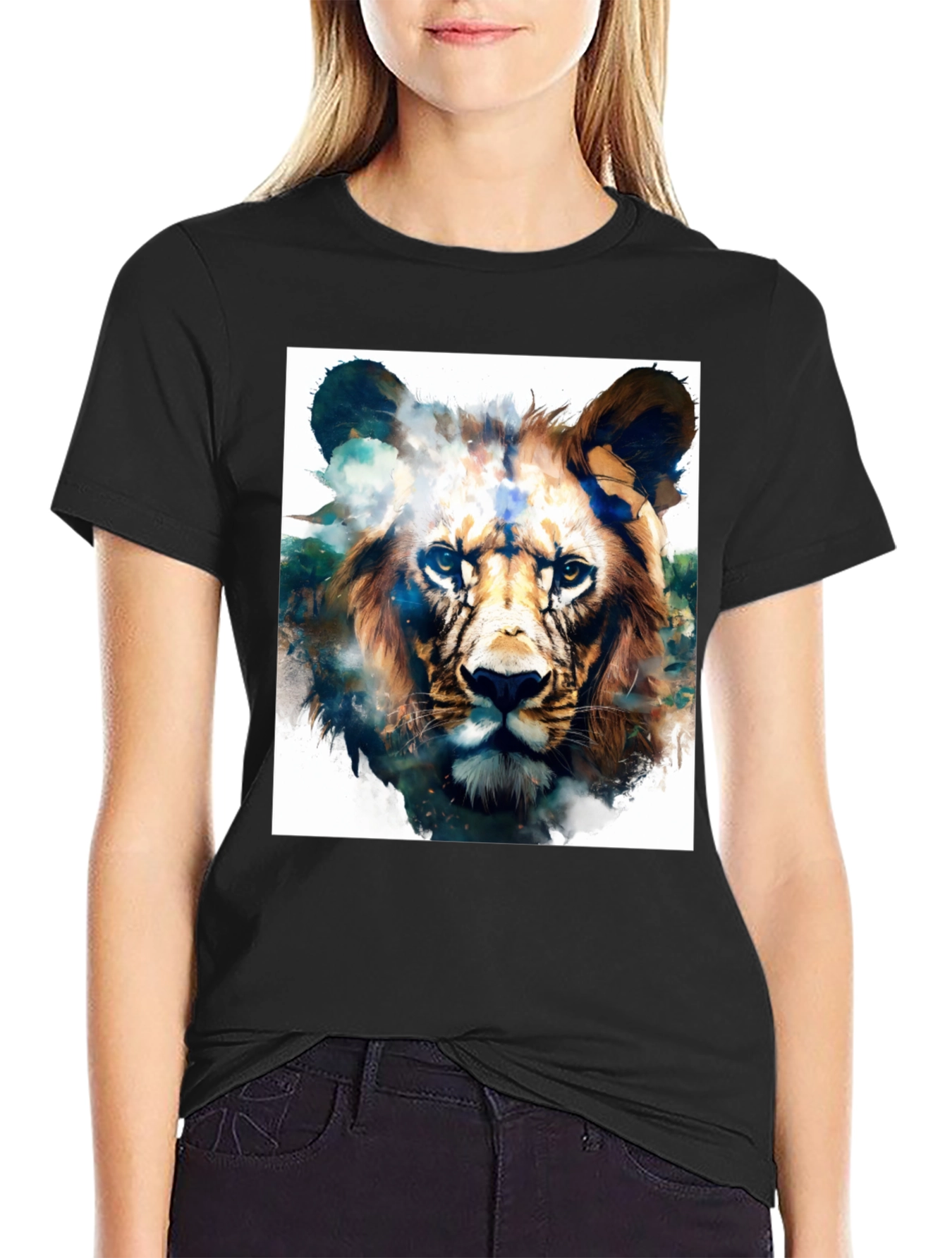 Black Lion Graphic Black T-Shirt - Artistic Animal Tee view 2