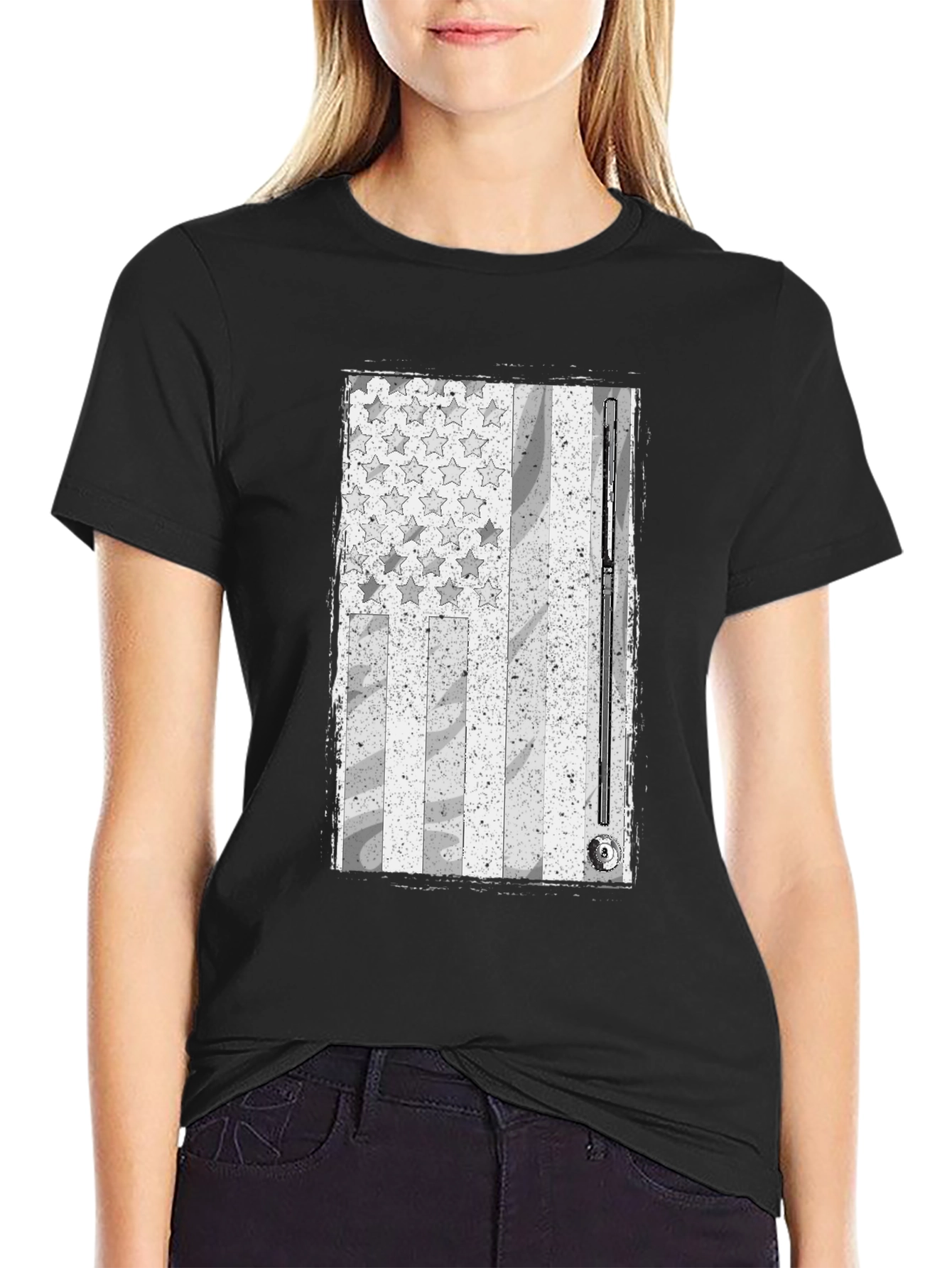 Black Distressed American Flag Billiards T-Shirt view 2
